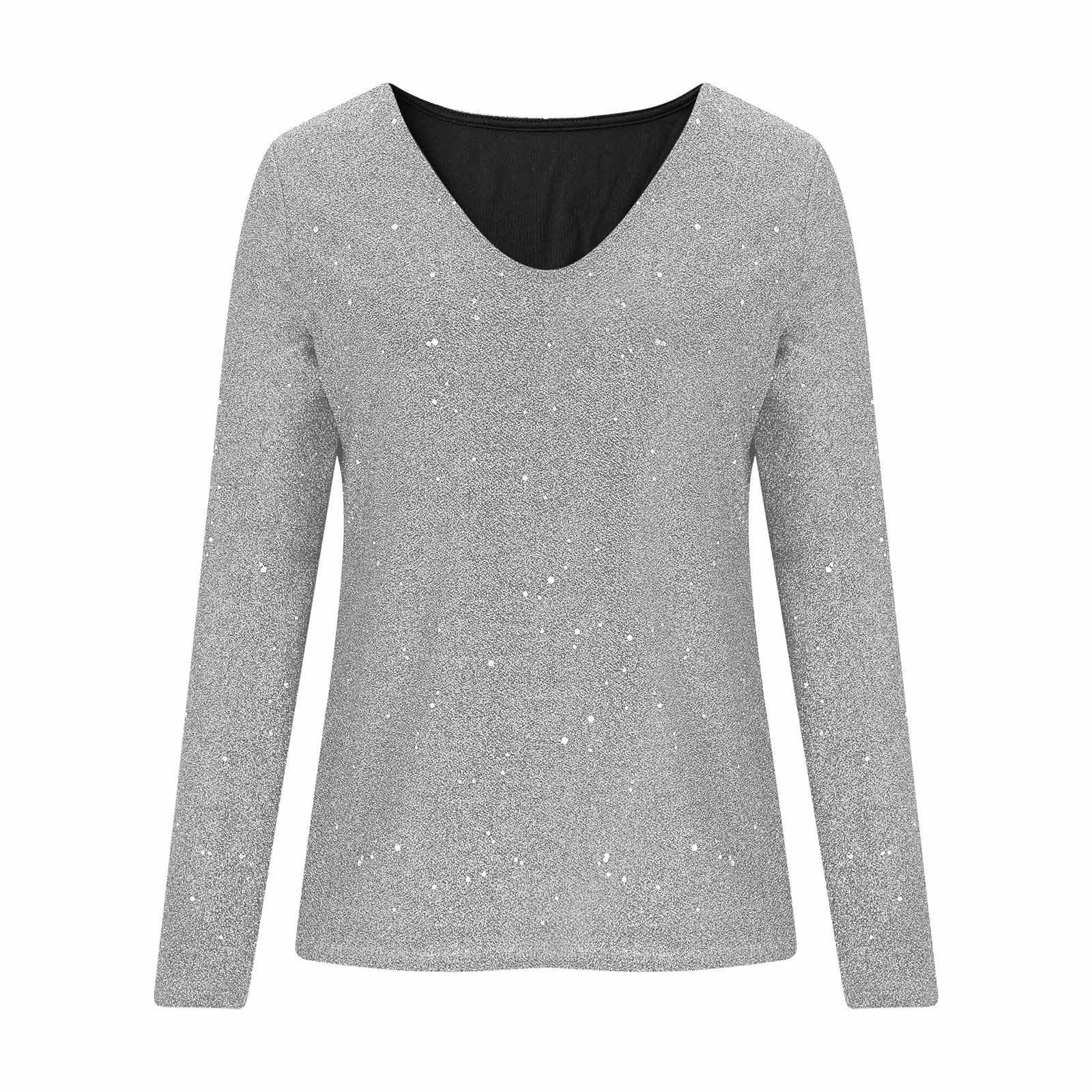 Top da donna con paillettes con scollo a V e maniche lunghe, alla moda, per feste in vacanza, per occasioni festive