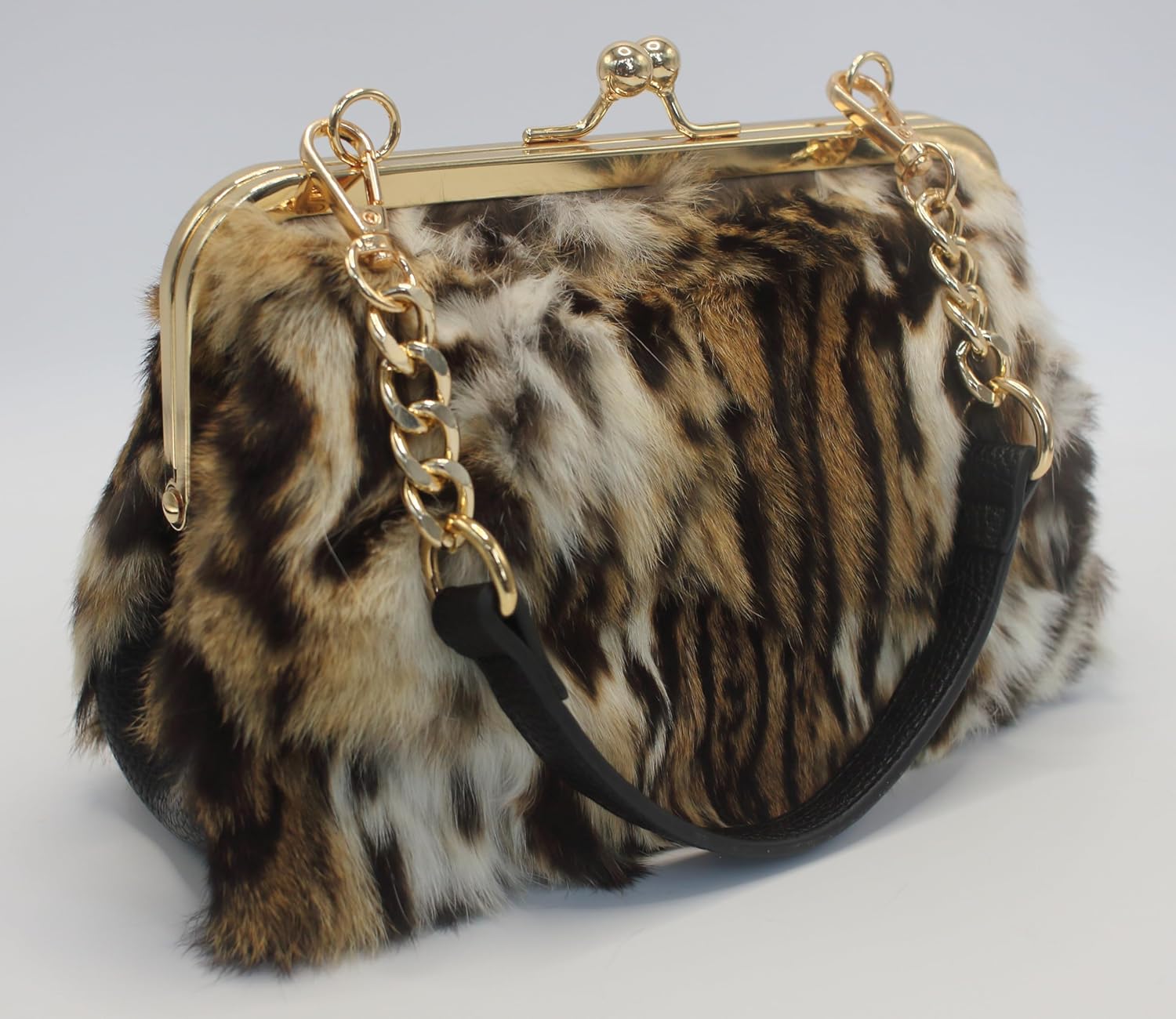 Fosrion Genuine Tanuki Fur Kisslock Handbag – Small Vintage Frame Purse with Adjustable Strap, Natural Undyed Fur