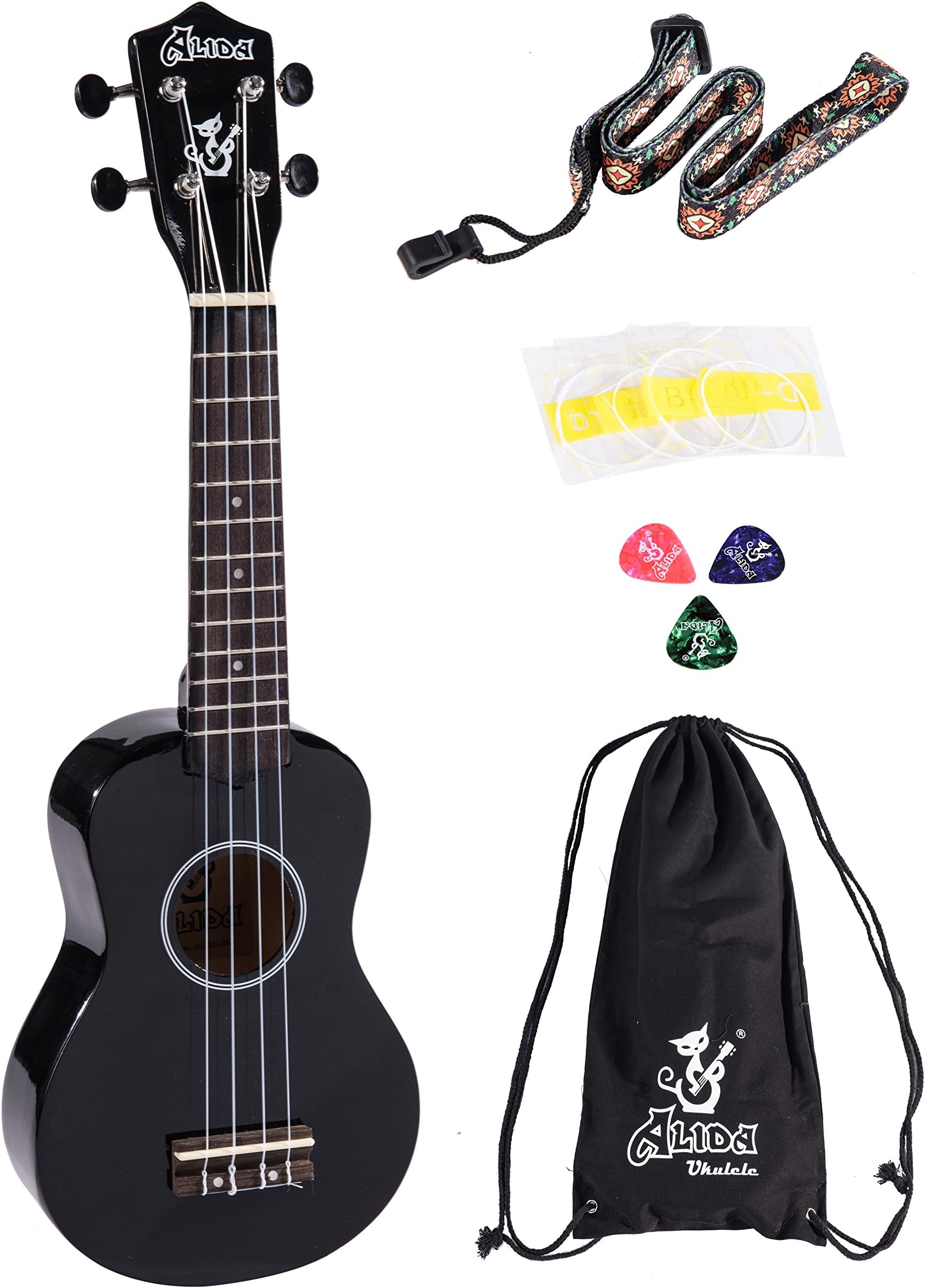 Alida Basswood Black Color Soprano Ukulele For Beginner kid Guitar Bundle with Bag, Strap, Spare Strings and Picks