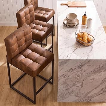 GrandNoor Modern Counter Height Bar Stools Set of 3,25 Coffee Faux Leather Barstools with Back Sturdy Metal Legs, Checkered Wiring Thick Upholstered Counter Stools for Kitchen Island