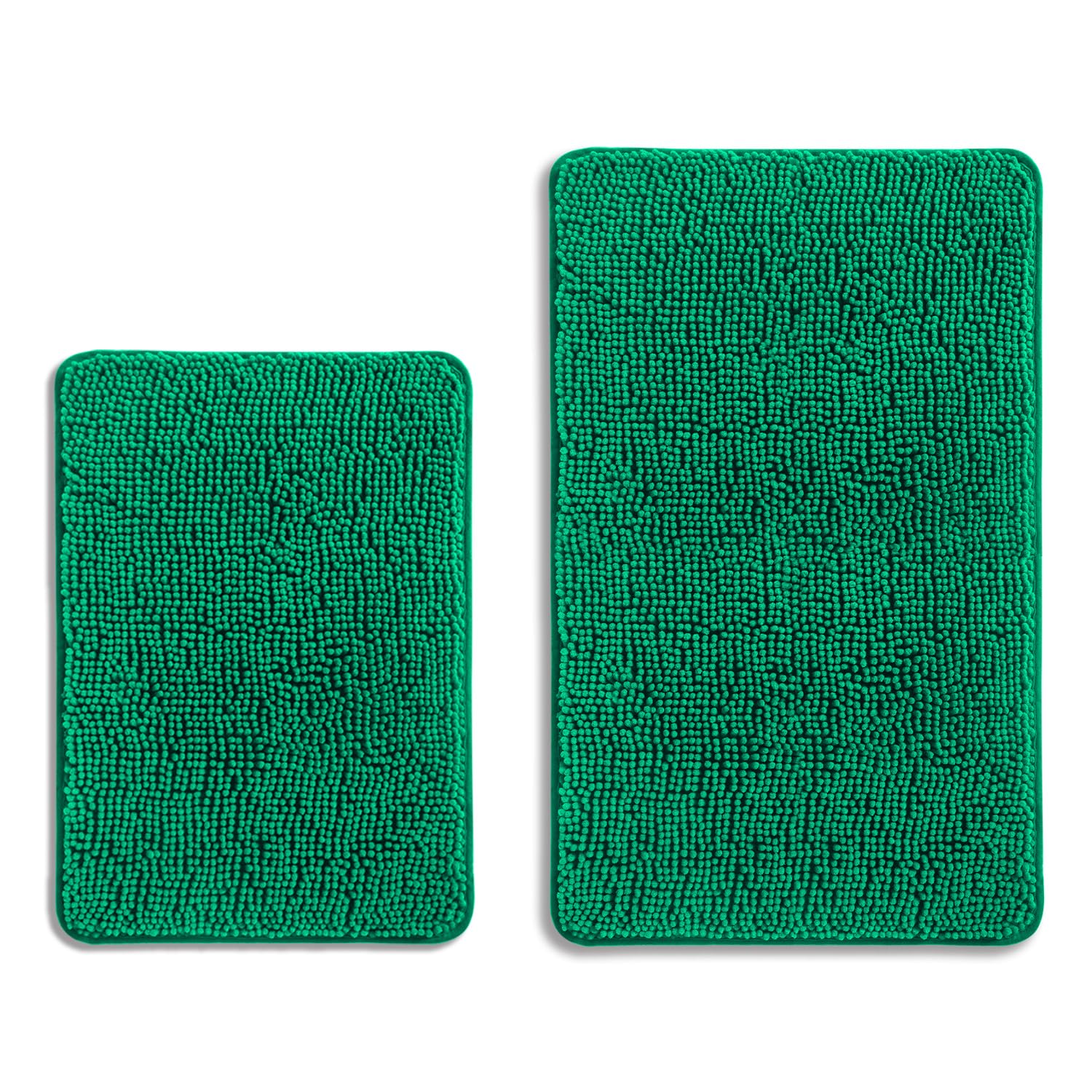 PureSwan Emerald Green Bathroom Rugs Sets 2 Piece – Absorbent and Washable Bath Mat, Non-Slip, Thick Soft Chenille Bath Rugs for Bathroom Floor, Shower, Sink - 17" x 24"+20" x 32"