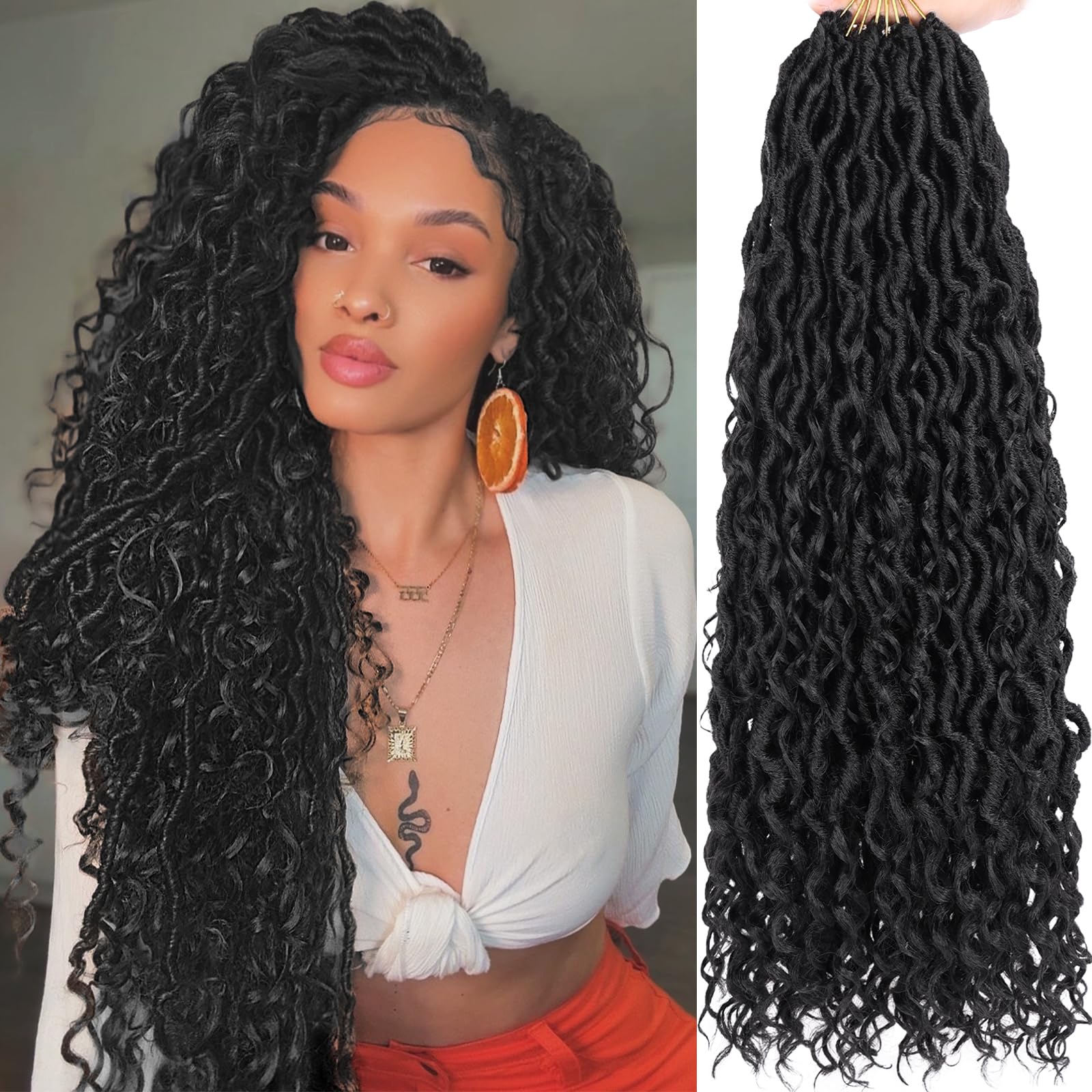 COOKOO 20 Inch 8 Packs Goddess Locs Crochet Hair Natural Black Boho Faux Locs Crochet Hair with Curls Pre Looped River Locs Hair for Black Women