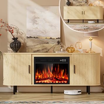 Kucreiheat Fluted TV Stand with Fireplace, Wood TV Console 65", Natural Oak | Mid Century Modern Entertainment Center for TVs Up to 75", TV Cabinet w/Sliding Door, Curved Profile Design for Living Room
