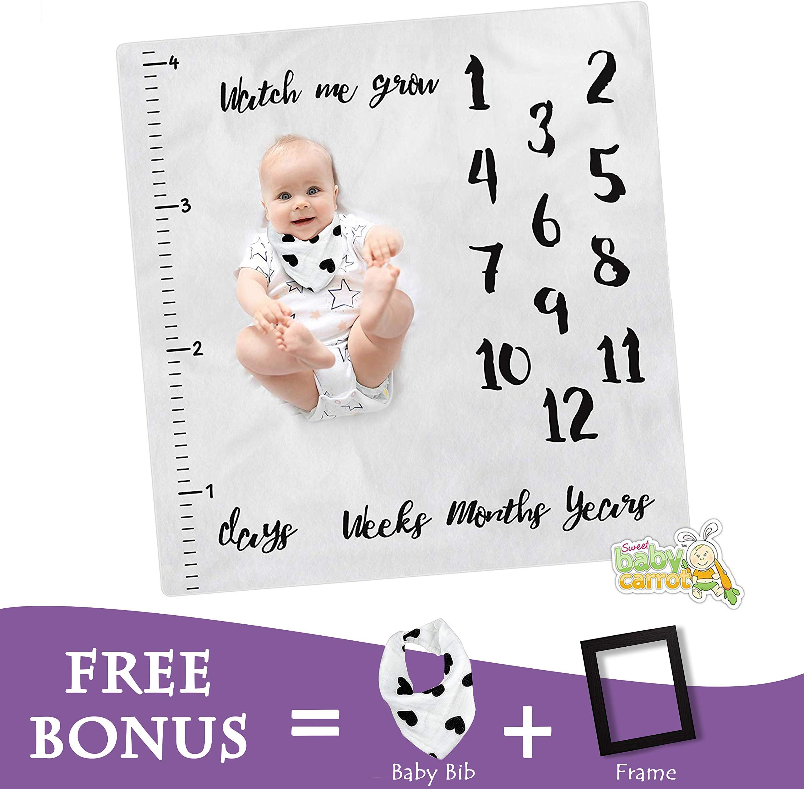 Sweet Baby Carrot Monthly Milestone Blanket Including Drool Bib, 1 to 12 Months, 100% Organic Fleece Extra Soft Best, Backdrop Photo for Boy Girl, 47 x 47
