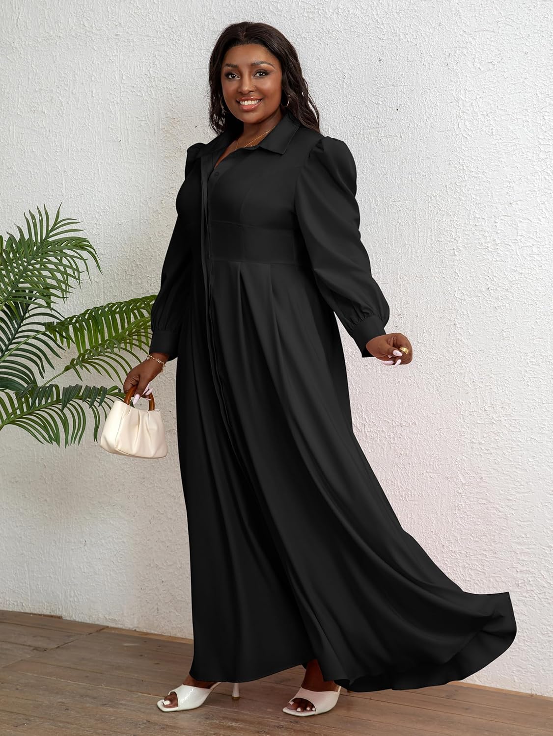 Pleated Shirt Maxi Dress for Curvy Women Puff Long Sleeve Button Outfits with Pockets - Image 6