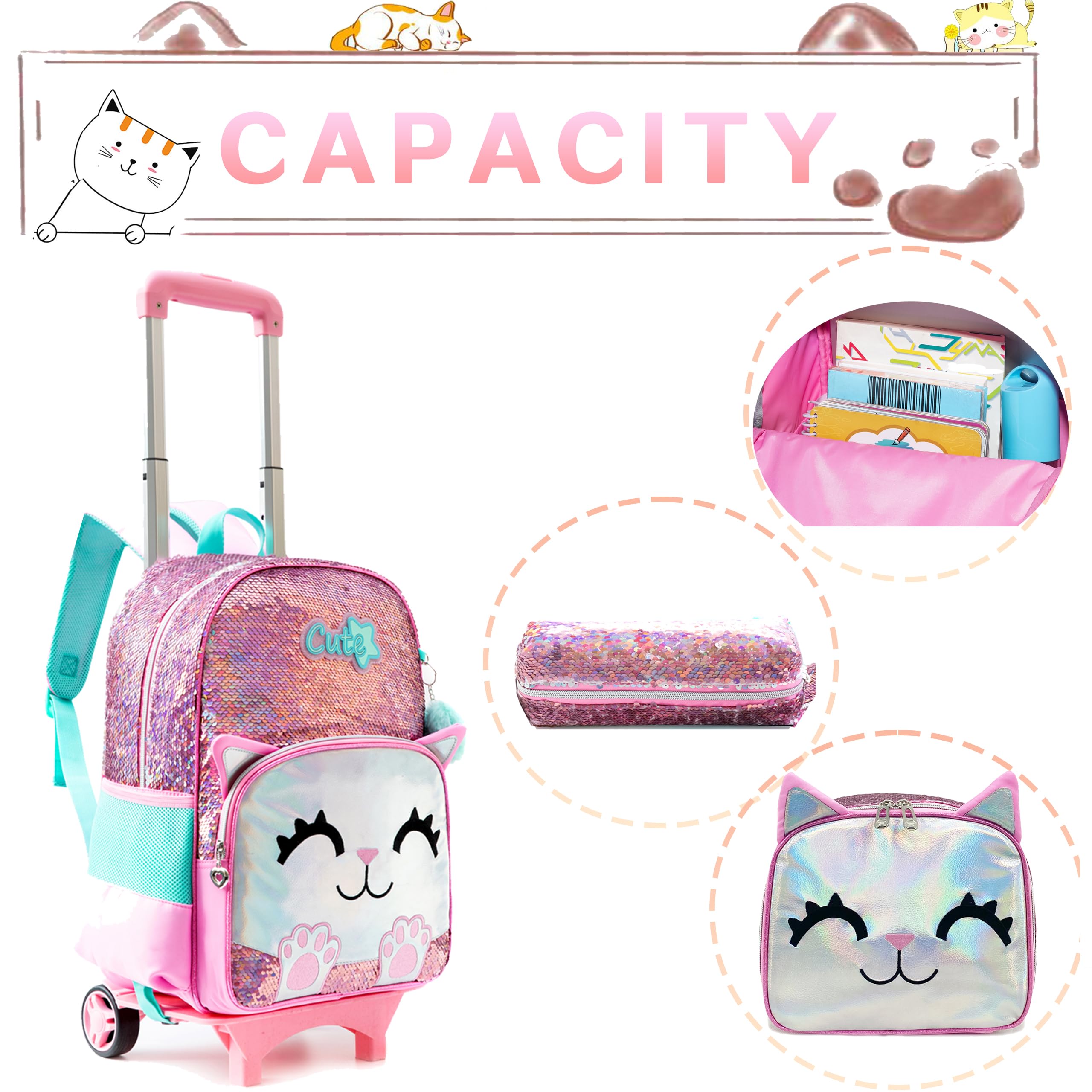 HTgroce Mochila Con Ruedas Niña con Estuche para Lápices y Bolsa para el Almuerzo, Mochilas Escolares Con Ruedas, Mochila 3 en 1 con Mochilas Escolares Con Ruedas