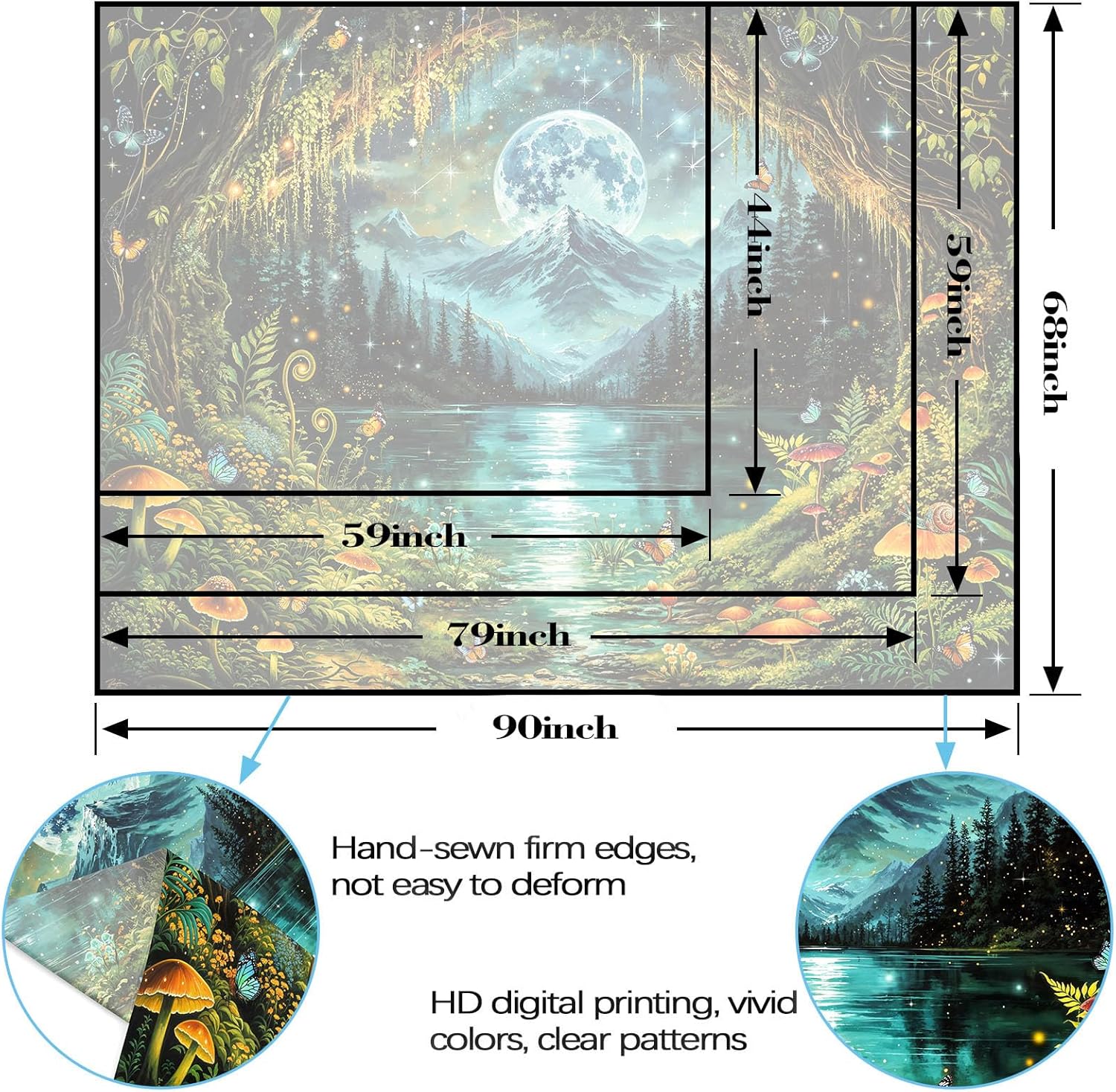 Kanuyee Fantasy Moonlight Forest Lake Tapestry, Enchanted Night Landscape Wall Hanging for Room Decor, Dreamy Nature Home Decor 90L x 70W