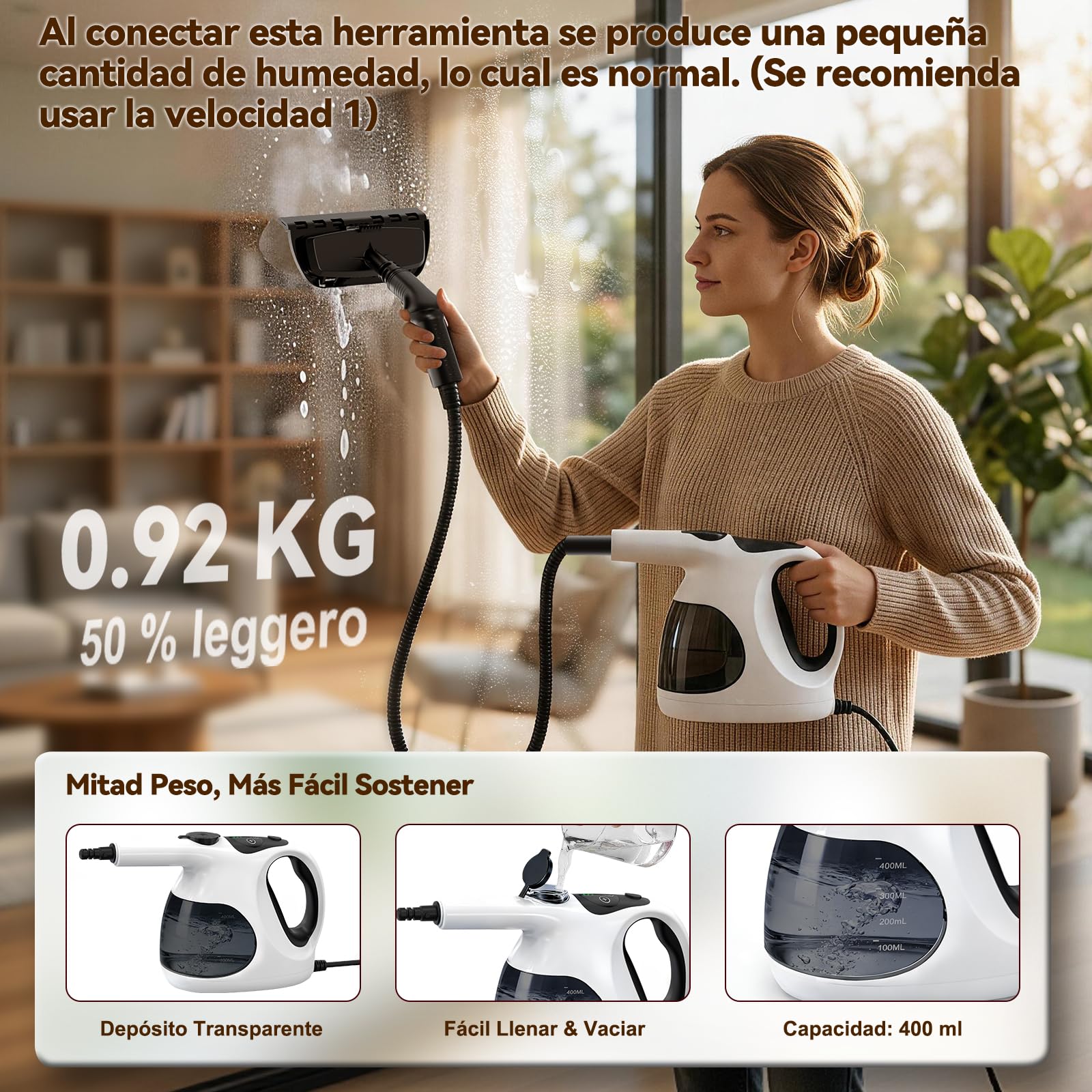 Vaporeta de Mano 400ML 10 Accesorios Calentamiento 5S 0.92kg Limpieza Hogar