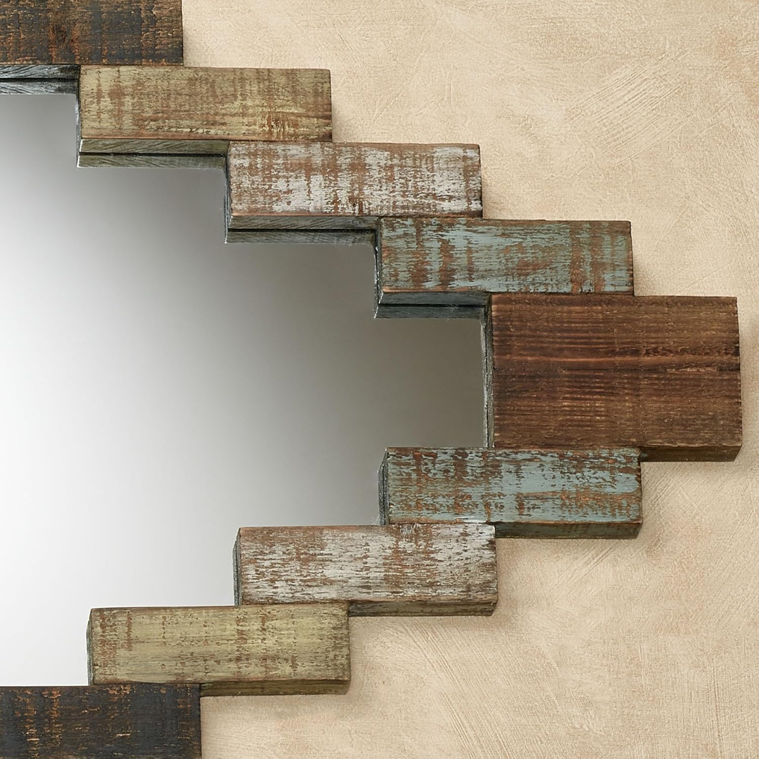 Canyon Reflections Wall Mirror | Handpainted Weathered Brown, Aqua, White, Cream, and Black Finishes | Natural Fir Wood Planks in a Diamond-Shaped Frame | Panel Mirror Hangs Vertically or Horizontally