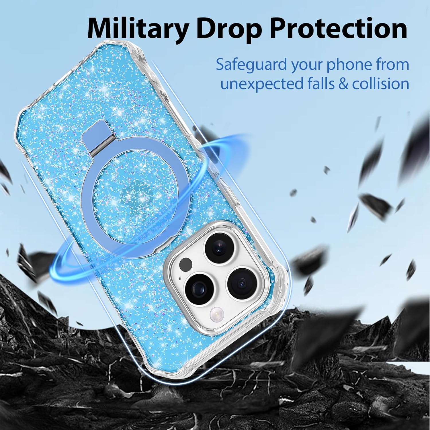 Magnetic for iPhone 16 Pro Case with Invisible Stand, Compatible with MagSafe, Clear Bling Sparkle Shockproof Slim Anti-Slip Military Drop Protection Hard Phone Case 6.1" Glitter Blue