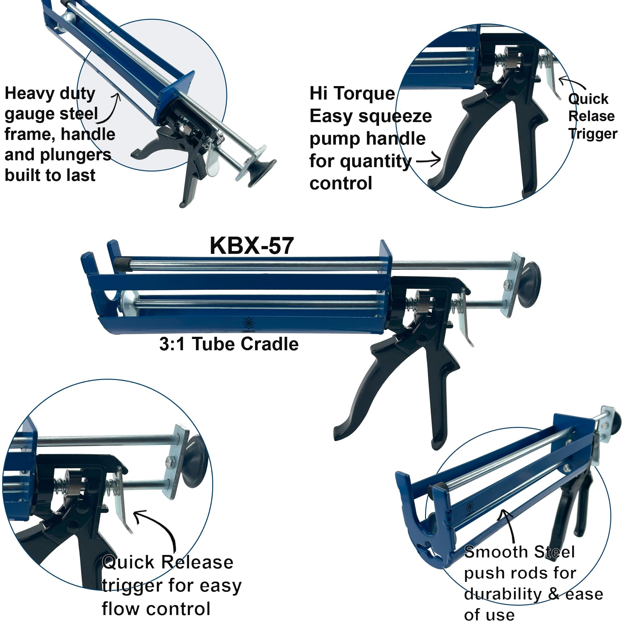 KARBXON KBX57 Adhesive epoxy dispenser 400ml 3:1 mix 26:1 thrust ratio professional contractor grade heavy duty dual component quick release dripless applicator and (9) piece tools set - Qty