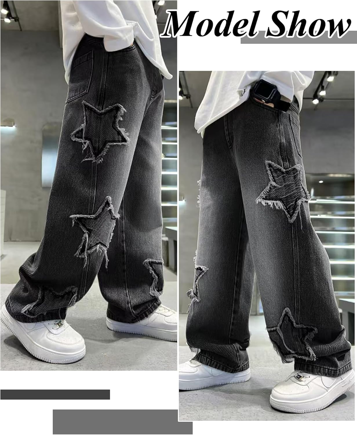 Happy Cherry Boys Baggy Star Denim Pants Pull On Elastic Waist Wide Leg Jeans Loose Vintage Cargo Jeans with Pockets - Image 5