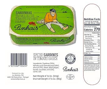 Pinhais Sardines Variety Pack 4.4 oz Cans 4 Flavors: Olive Oil, 1 Regular & 1 Spicy, Tomato Sauce 1 Regular & 1 Spicy Wild-Caught Portuguese Canned Fish (Total Count of 4)