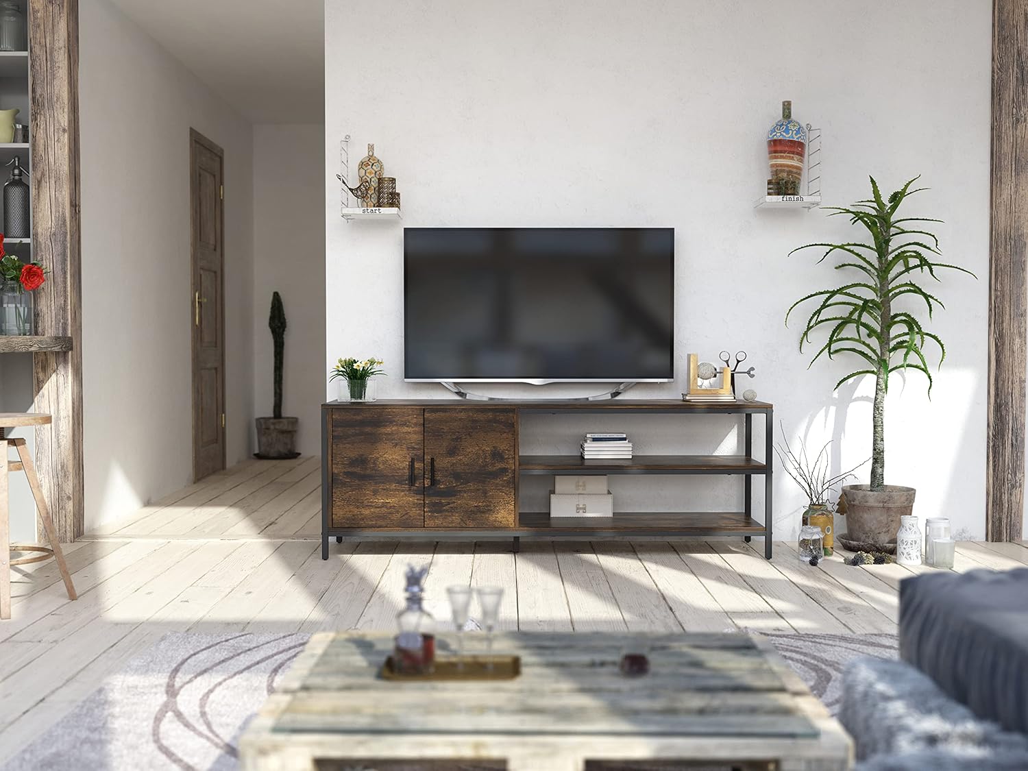 Novilla Retro Farmhouse TV Stand for TVs up to 65 Inches, Living Room Entertainment Center for Flat/Curved Screen, 58 Inches, Brown