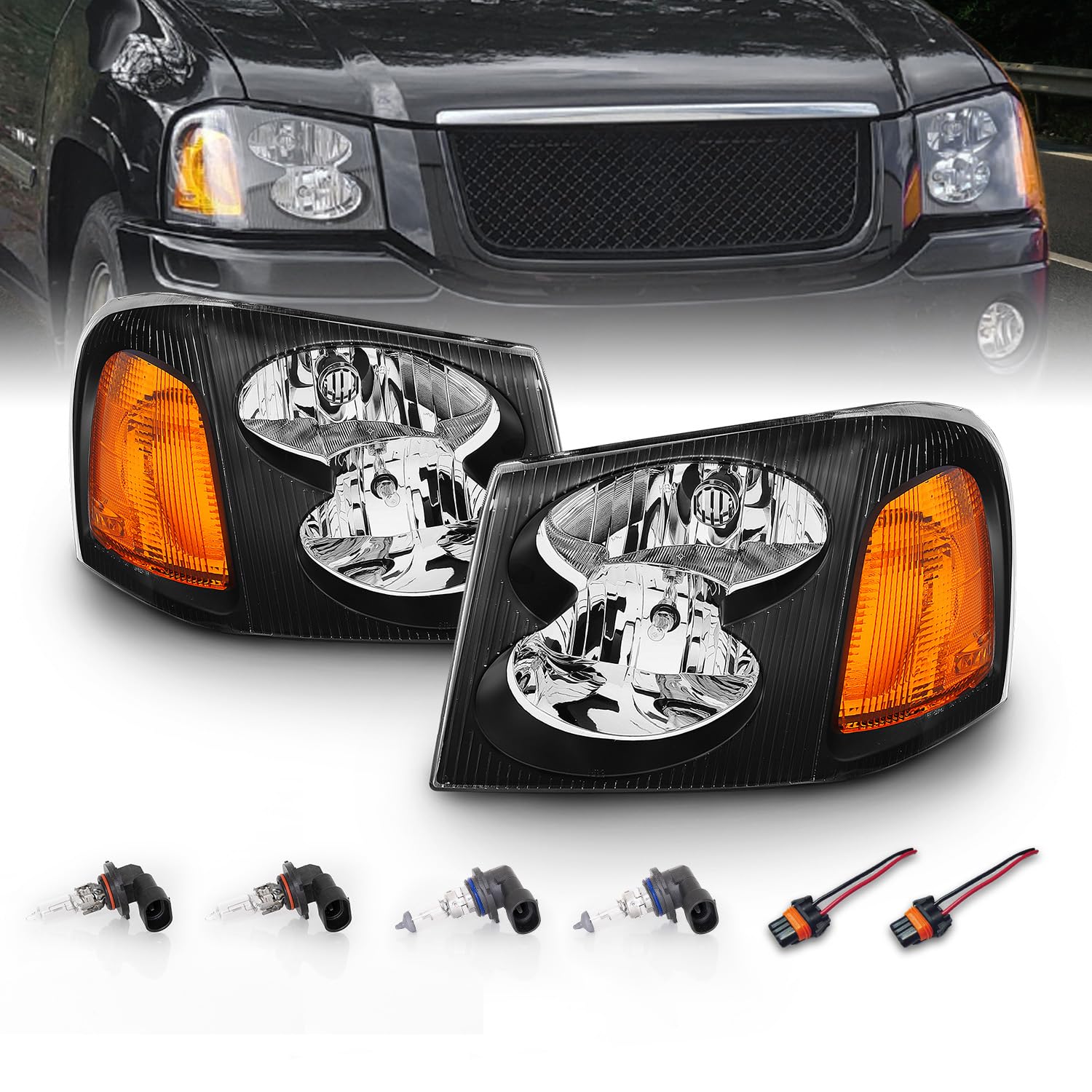 AmeriLite Black Replacement Headlights Set For GMC Envoy - Passenger and Driver Side with Hi/Lo Beam Bulbs