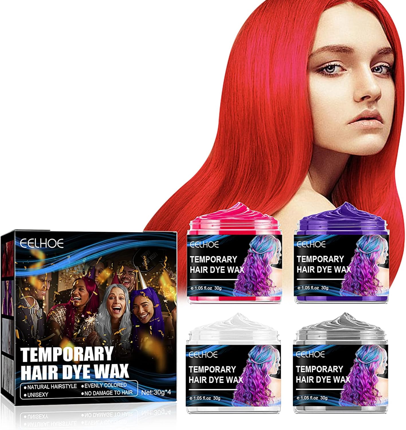 4 Colors Temporary Hair Coloring Dye Wax ,Red Purple Grey White Natural Hair Color Wax Mud,Wash