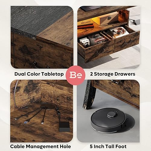 Miniatura 7 de Bestier Lift Top Coffee Table with LED Lights, Mid Century Modern Wood Coffee Table for Living Room with Storage Drawers, Industrial Coffee Table