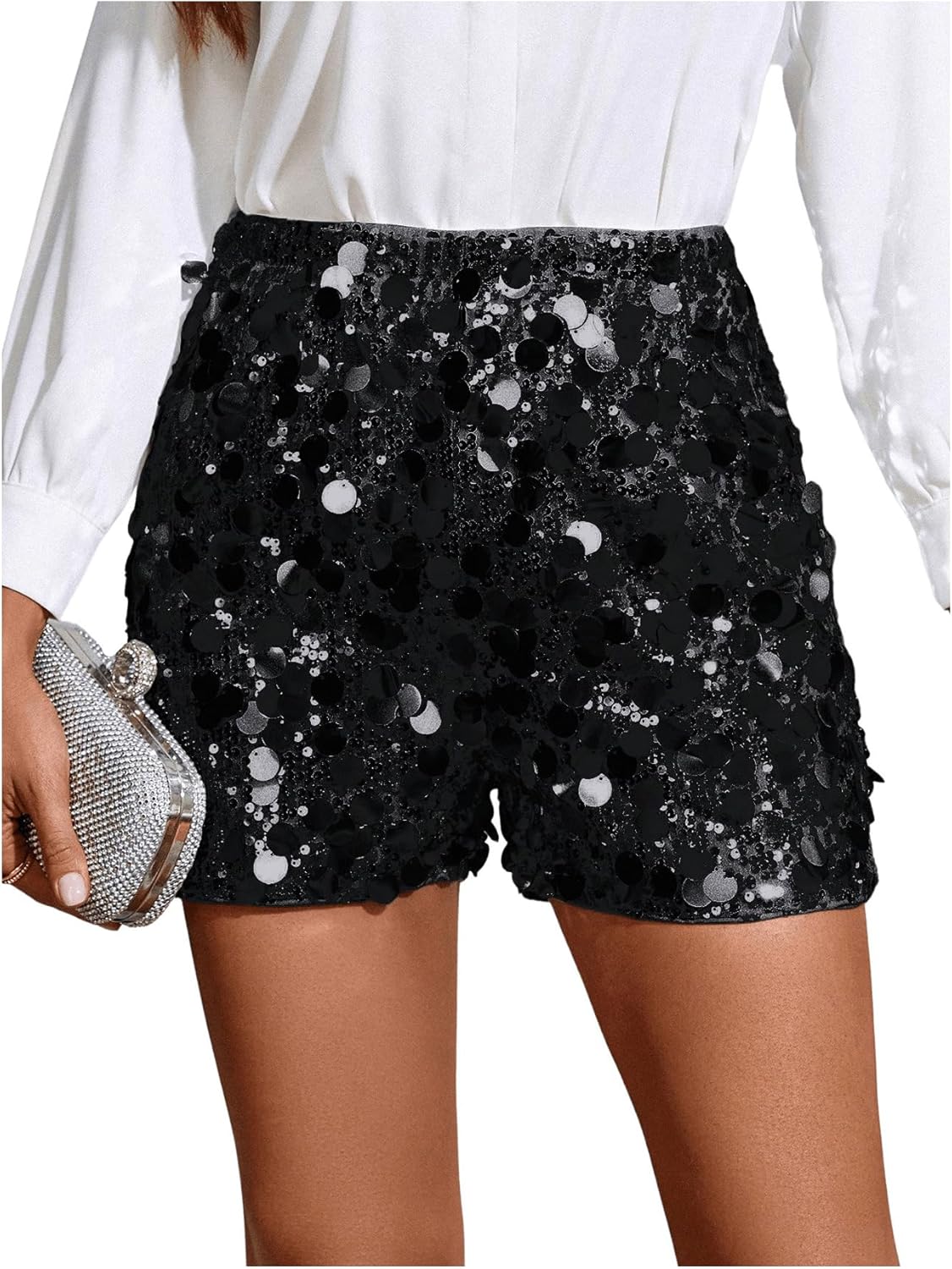 Floerns Women's Contrast Sequin Elastic Waist Sparkly Party Mini Shorts