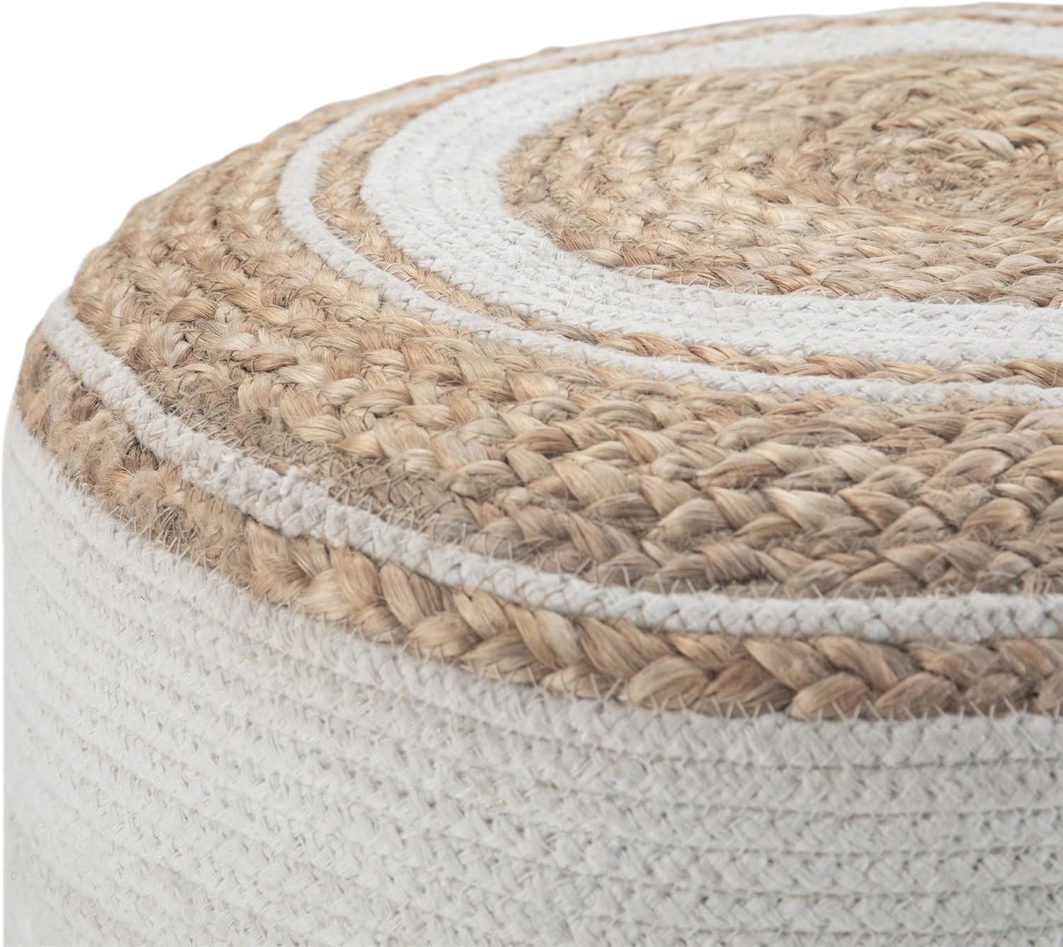 SIMPLIHOME Serena Round Braided Pouf - 18 inch Wide Upholstered Jute and Cotton Ottoman in Natural, Boho-Style Footstool or Extra Seating for Living Room with Polystyrene Bead Filling, Assembled