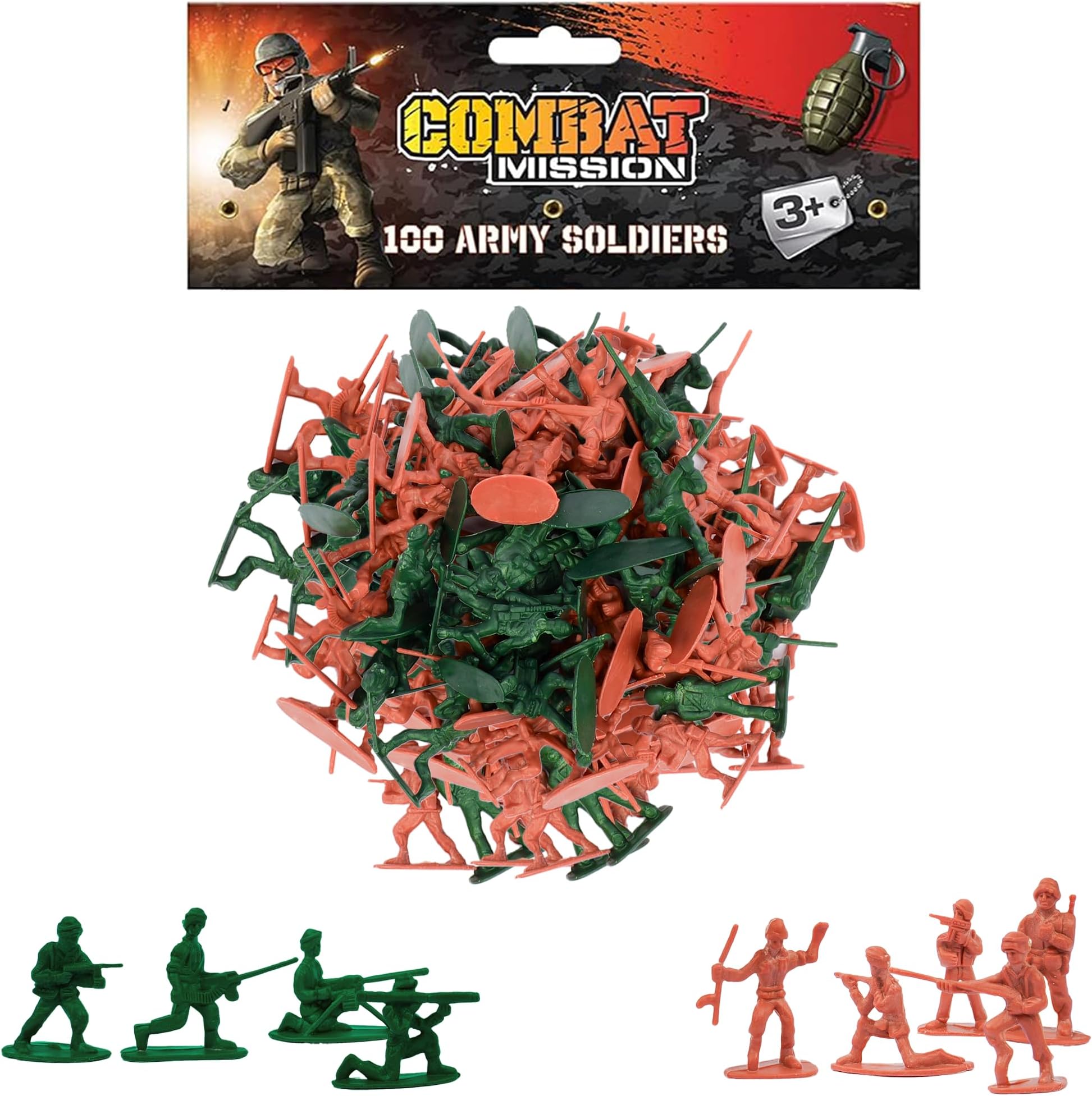 D.A.Y. Republic WWII Plastic Toy Soldiers – 100 Green & Brown Army Men Figures with Battlefield Accessories, 3.5cm, Age 3+, Kids Military War Game Action Set