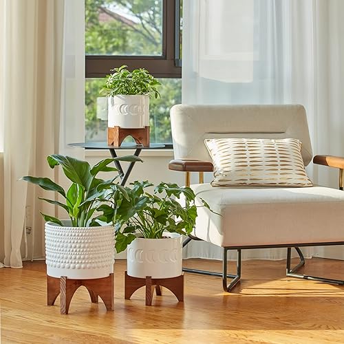 Miniatura 4 de Maceta de cerámica LA JOLIE MUSE con soporte de madera - Maceta de flores de cilindro blanco de 8.0 pulgadas con relieves de patrón de clavos para