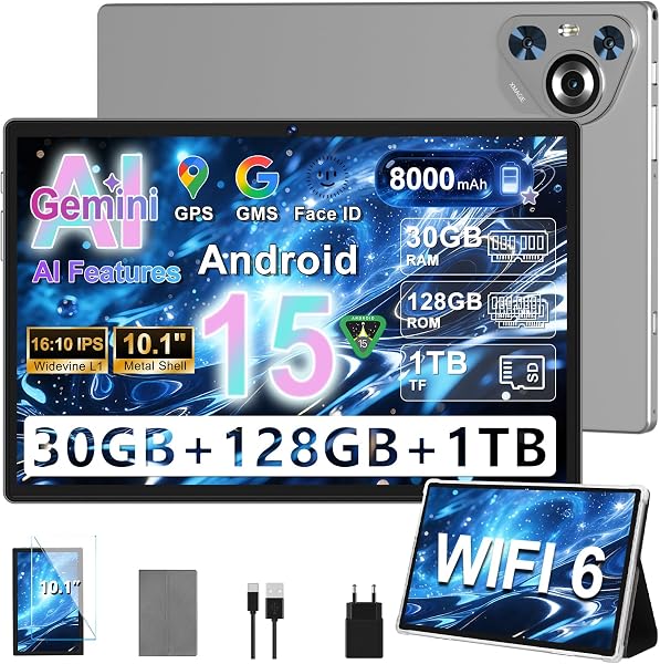 Visita la tienda de Dghrti Tablet 10 pollici Android 14, 22GB RAM 128GB ROM/TF 1TB, Octa-Core, 8000mAh, Corpo in Metallo, Face ID, Doppio WiFi, 8MP+5MP, Widevine L1, Protezione Occhi, Tastiera, Mouse, Blue in use