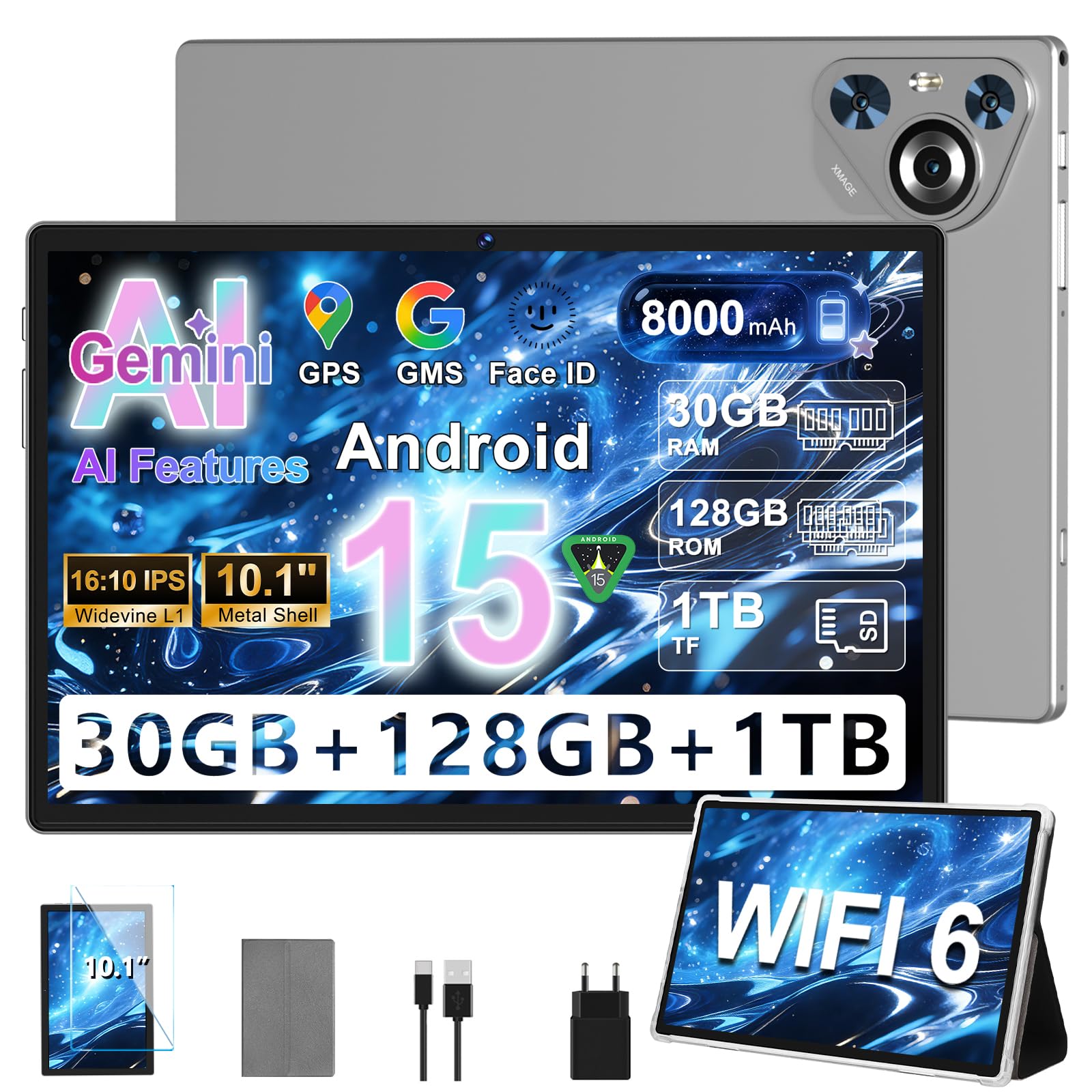Tablet Android 15, RAM 30GB, Batería 8000mAh, Funda Gratis