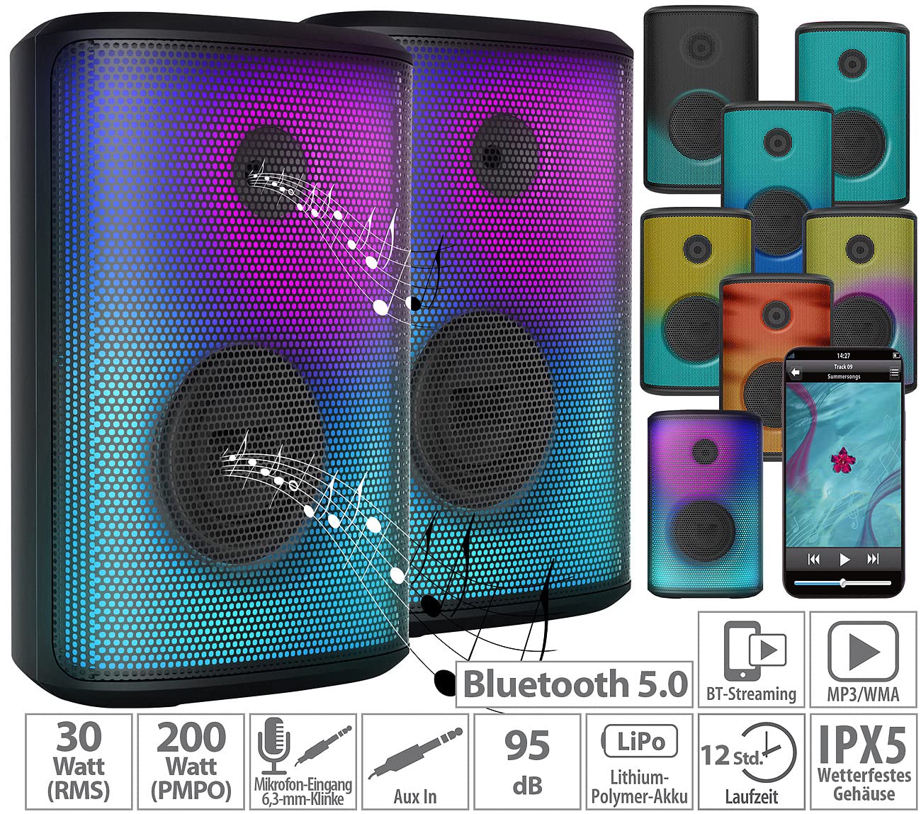 auvisio Box, Bluetooth: 2er-Set Mobile Outdoor-PA-Partyanlagen & -Bluetooth-Boomboxen, 200 W (Partyboxen, Party Anlage, DJ)