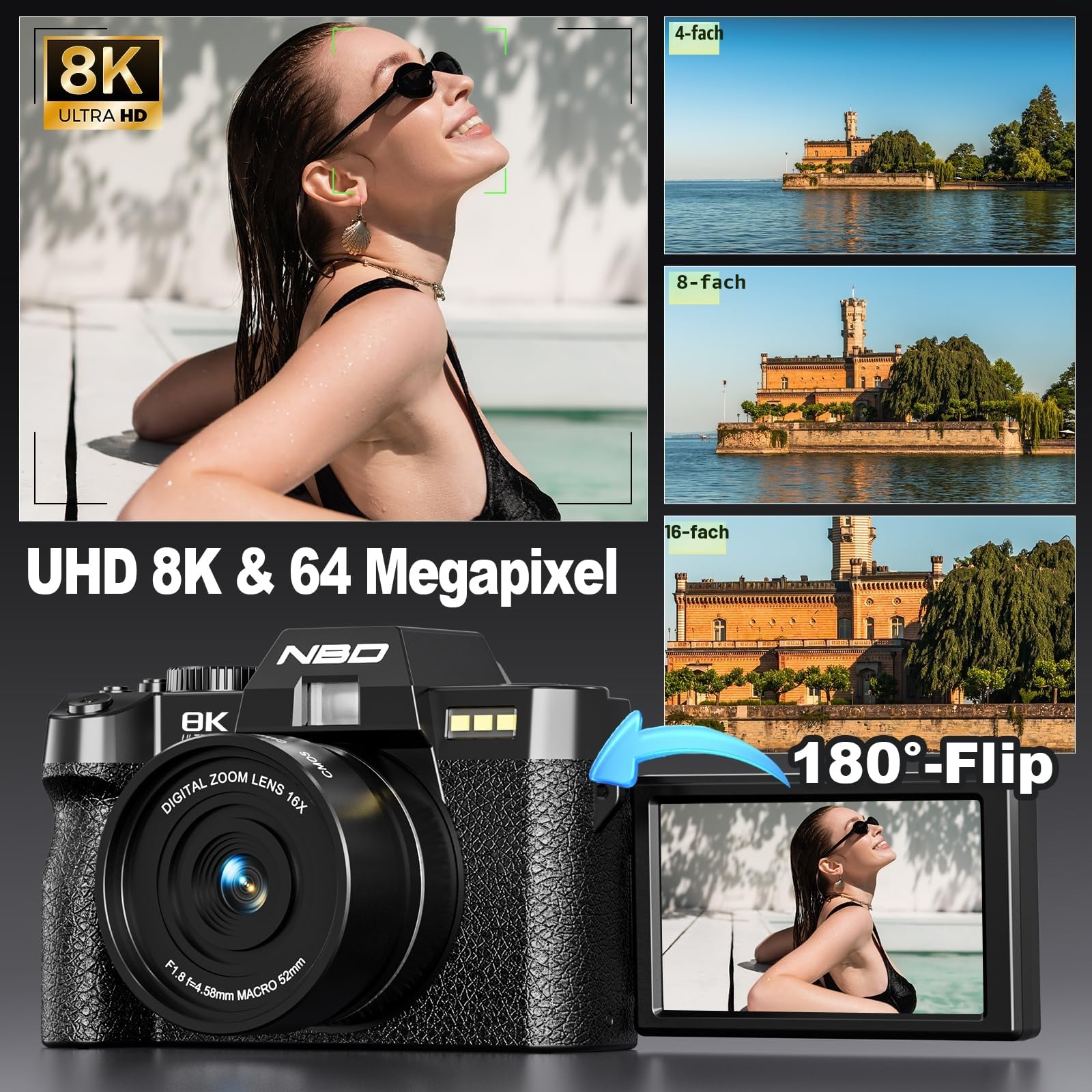 NBD 8K Digitalkamera 64MP mit Autofokus und 16X Digitalzoom | 3 Zoll 180° Klappdisplay, WLAN, Mikrofon, 2 Akkus, 32GB Speicherkarte, Weitwinkel/Makro, Vlogging, Reisen, Anfänger