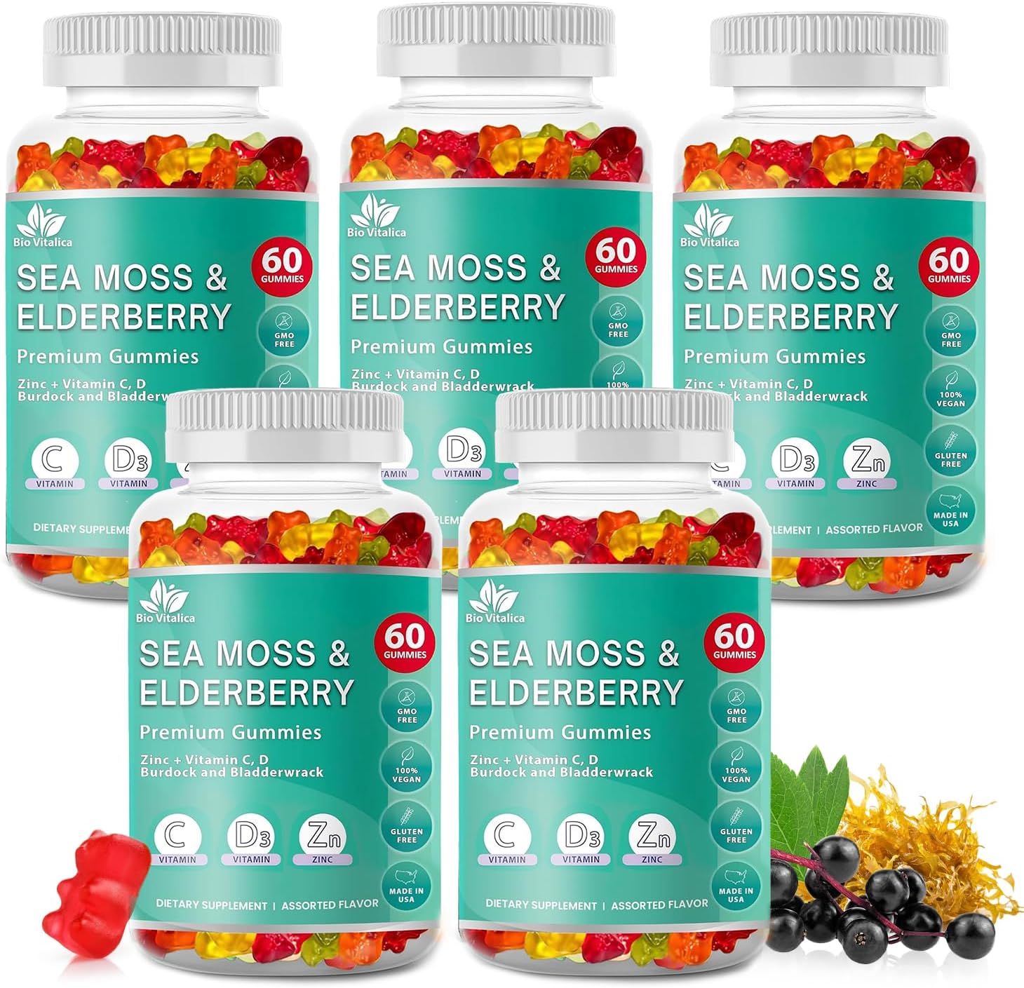 BIO VITALICA Sea Moss Gummies Elderberry BioVitalica - Vitamin C D + Zinc - Irish Seamoss Vegan Gummy with Sea Moss Gel & Powder for Immunity, Detox - for Adults and Kids (5Packs)