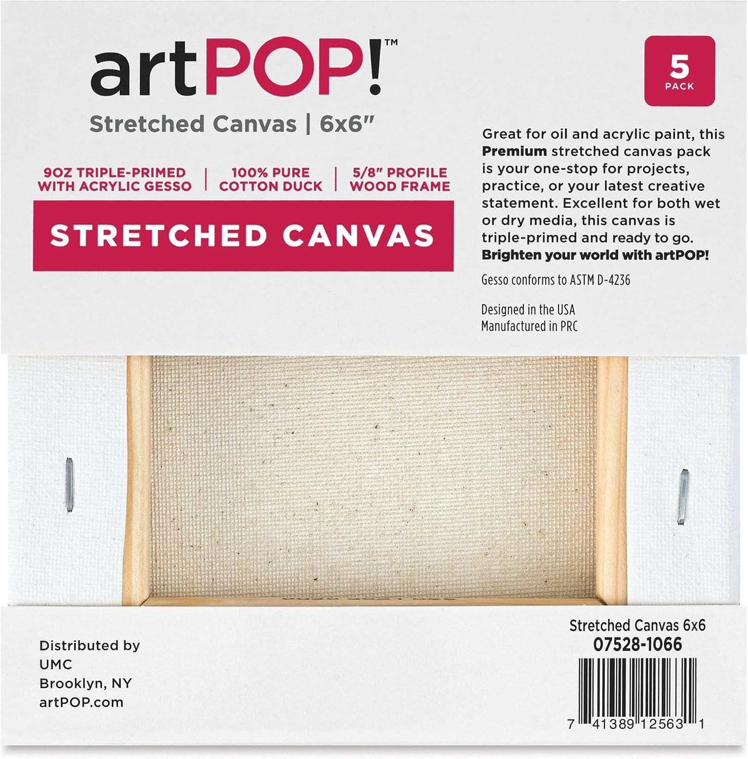 artPOP! Stretched Canvas Pack - 6" x 6" Canvas, Package of 5, 100% Pure Cotton Duck Canvas, Triple-Primed with Acrylic Gesso, 5/8" Profile, Durable Wood Frame