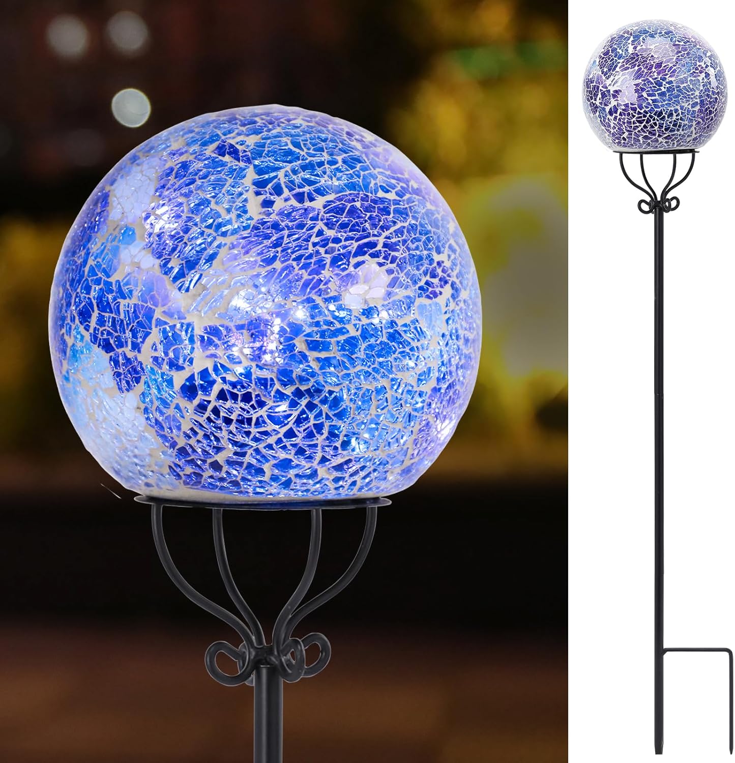 VCUTEKA Solar Outdoor Lights Garden Decor Mosaic Solar Garden Lights Waterproof Glass Ball LED Pathway Stake Light for Landscape Lawn Patio Yard Decoration 6 inch, Blue