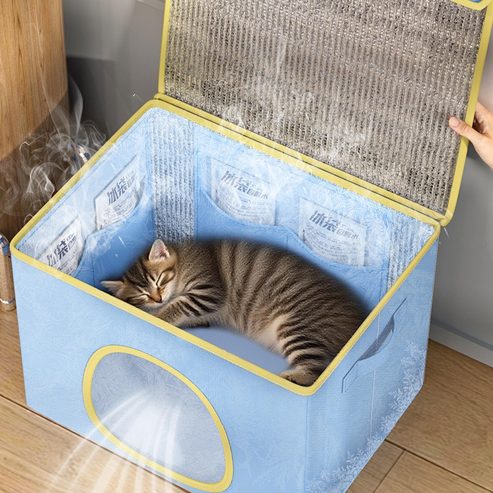 Faltbares Kühlhaus für Katzen & Hunde – mit 6 wiederaufladbaren Kühlpads, Kühlhaus,atmungsaktives und wetterfestes Design, perfekt für Schlafzimmer, Balkon, Garten