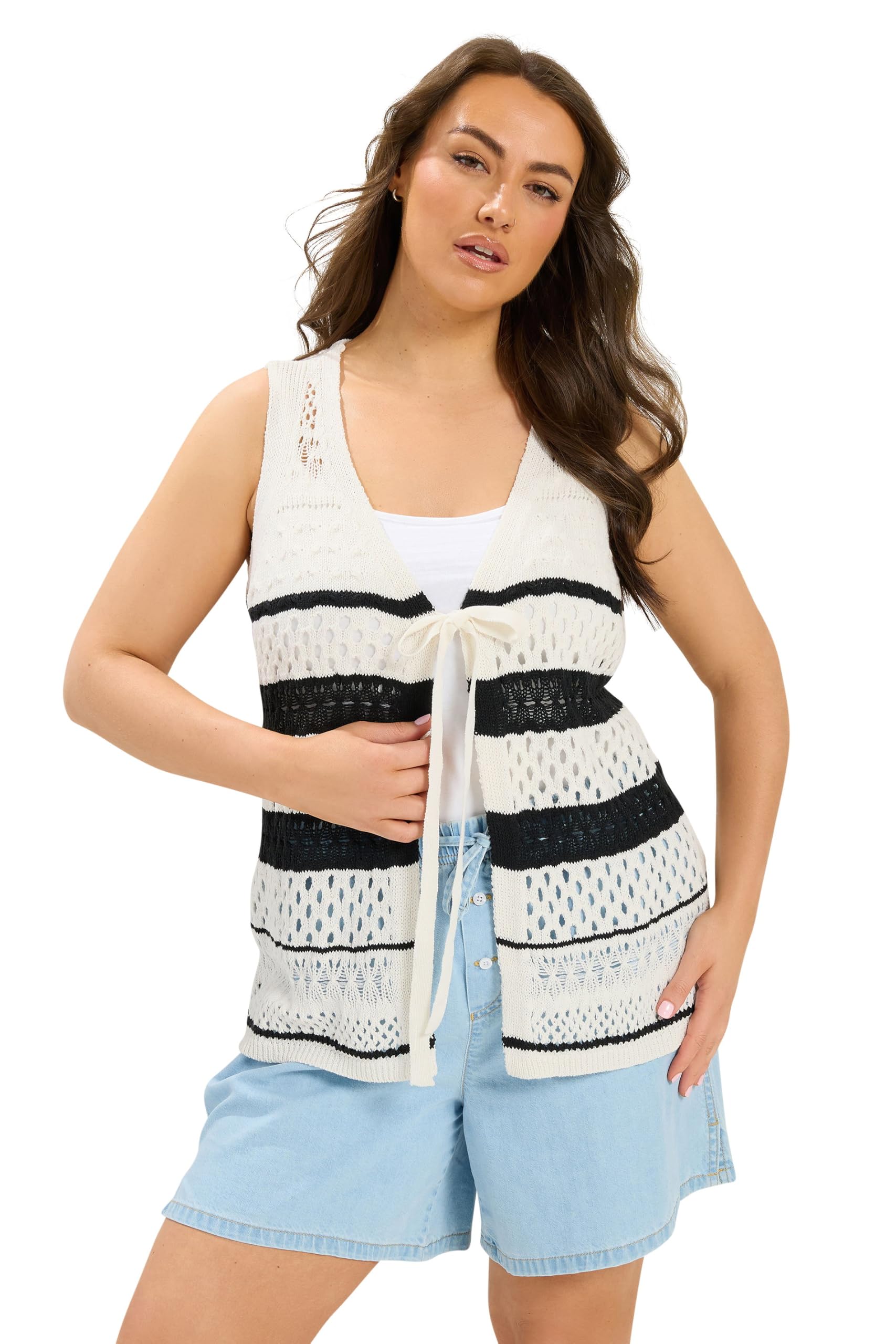 Yours Women's Off White Stripe Crochet Waistcoat In | : 14/16