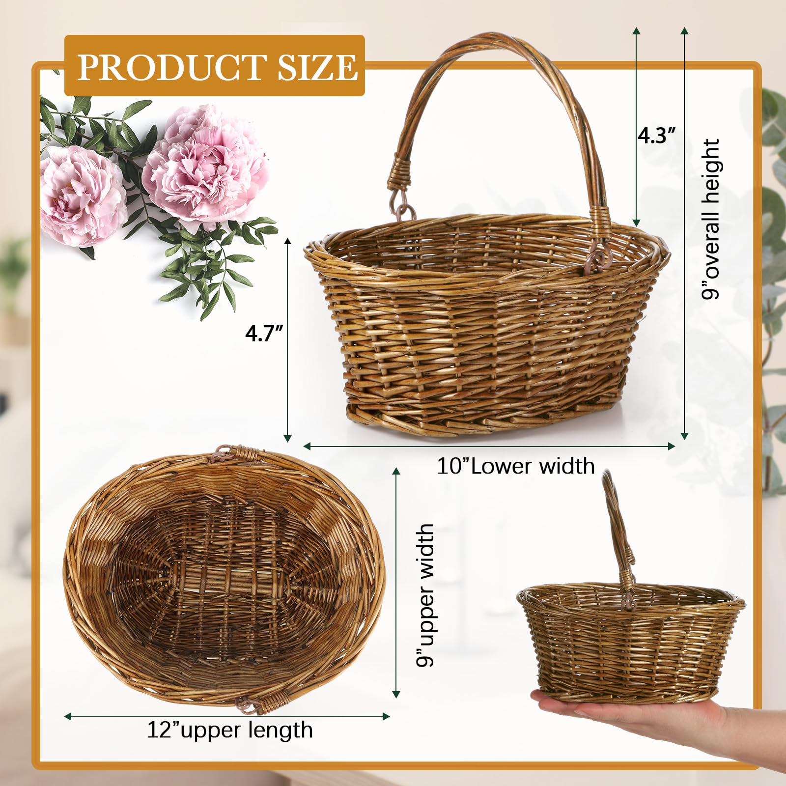 Barydat Kleiner Weidenkorb mit Griff, Blumenmädchenkörbe, oval, geflochten, Geschenkkorb für Hochzeiten, Picknick, Babyparty, Zuhause, Garten, Dekoration, Braun, 30,5 x 22,9 x 12,7 cm, 6 Stück