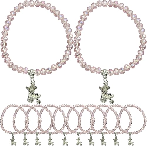 WE Pulsera elástica de cristal rosa para baby shower con dije de carro de bebé (12 piezas)