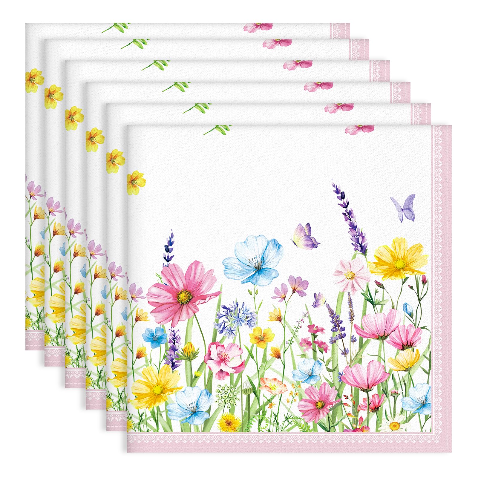Arquiel Wildflower Napkins, 18×18 Inch Butterfly Dinner Cloth Napkins Set of 6, Washable Cotton Soft Absorbent Square Napkins for Dining Kitchen Party Wedding Decoration