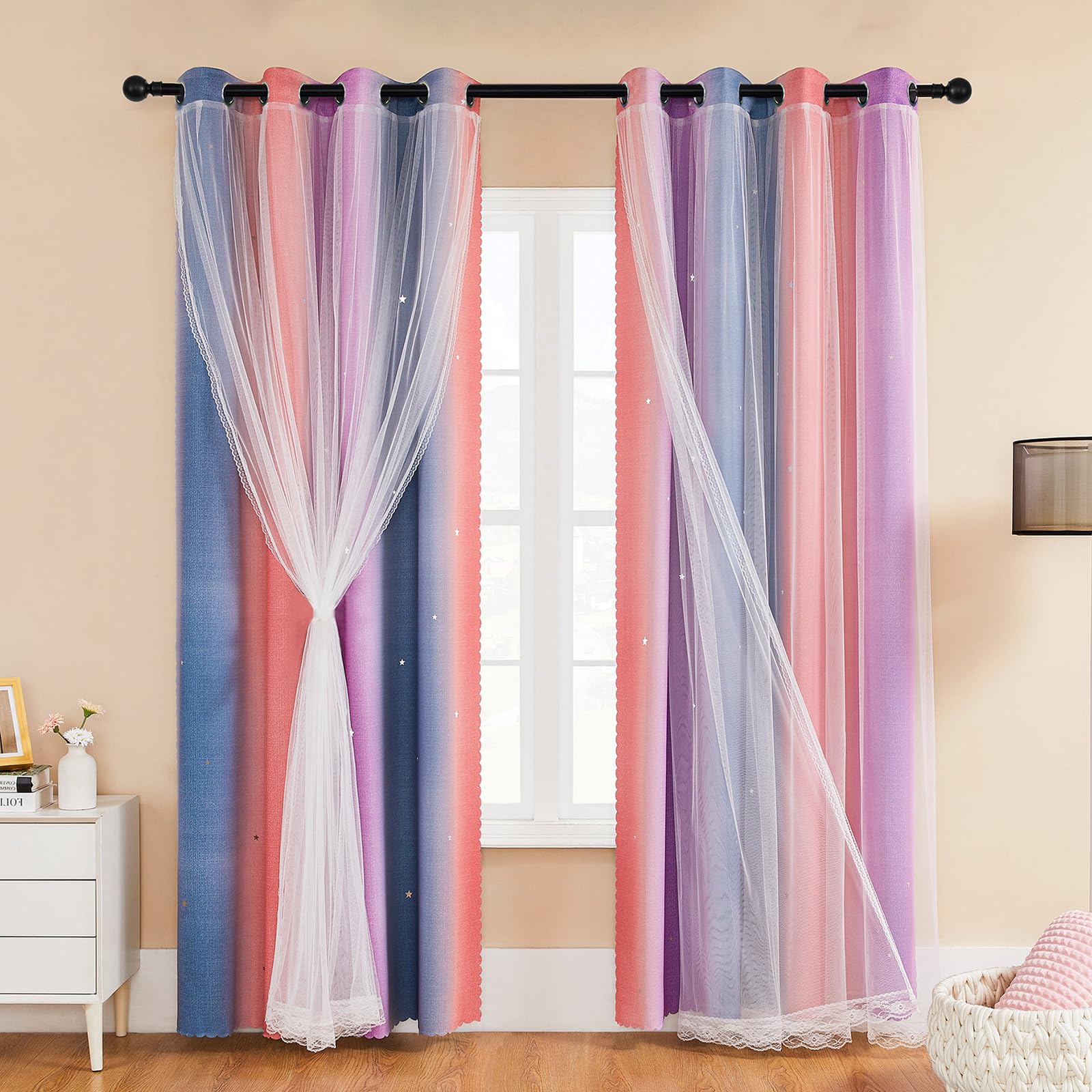 XiDi Bedroom Curtains with Net 54 Drop Hollow Out Star Pattern Mix White Voile Sheer Short Eyelet Curtains for Kids Preteen Bedroom 52 Inch Wide