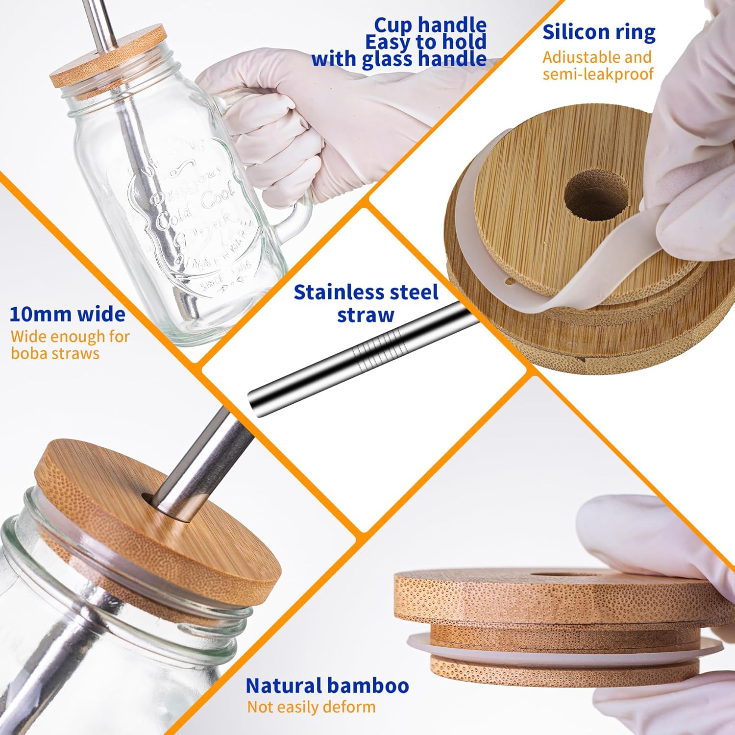 24 OZ Mason Jar Drinking Glasses with Bamboo Lids and Stainless Steel Straws for Party Beverages,Iced Coffee 2Pack - Image 4