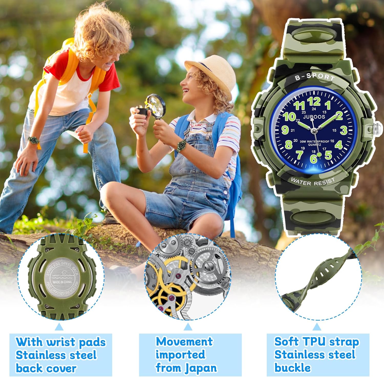 Juboos 2PCS Kids Watch Analog with 7 Colorful Night Lights Boys Girls Waterproof Soft Strap Kids Time Teaching Quartz Wristwatch for Ages 5-18