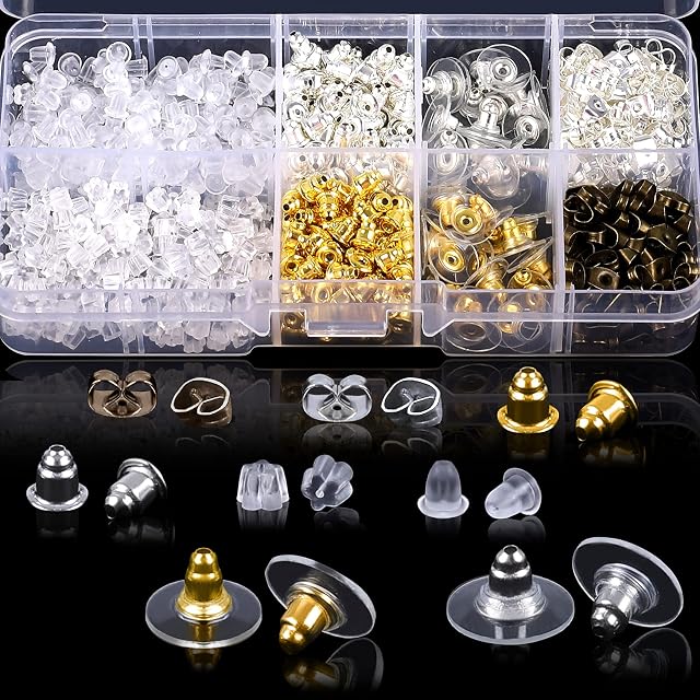 Earring Backs Kit, 1040 Pcs/500 Pairs Earring Stopper Clear Earring Backs Rubber, Alloy Earring Backs Replacements with Box, 10 Styles Ear Stud Findings for Jewelry Making DIY