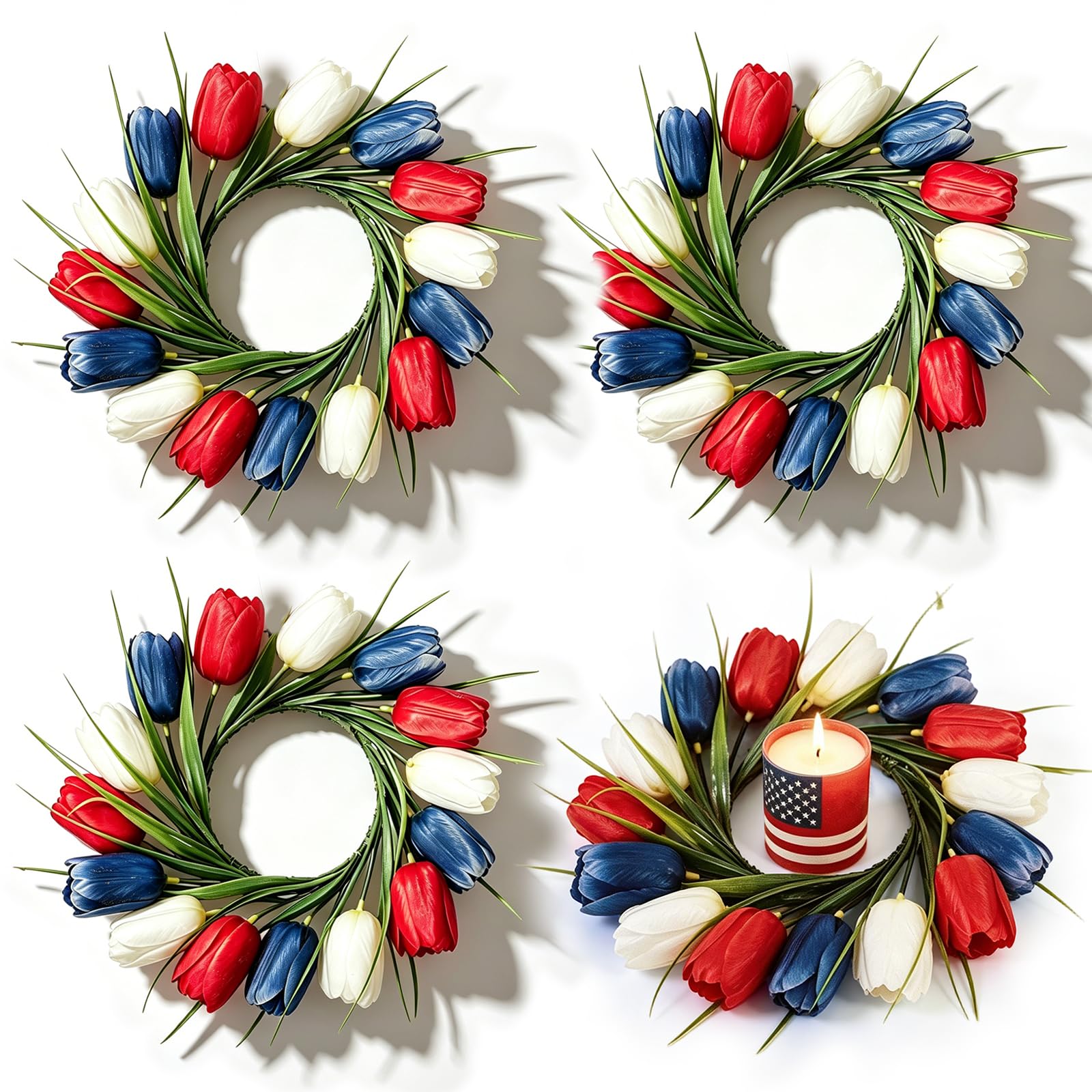 4 PCS 4th of July Candle Rings Wreaths Patriotic Tulip Silk Memorial Day American Flag Floral Candle Rings Holder with Red White and Blue Flower for Independence Day Labor Day Table Centerpiece Decor