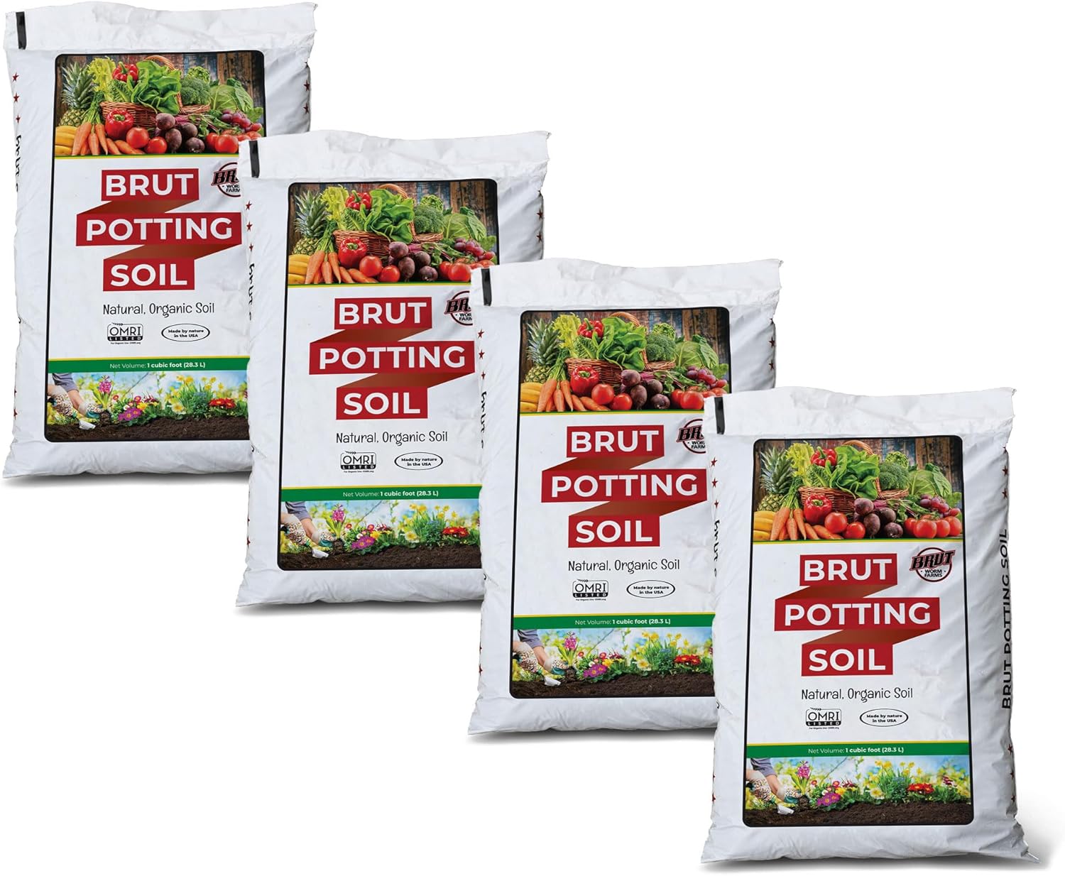 Brut Organic Potting Soil – 4 Pack 1 CF – Indoor and Outdoor Container Plants – Enriched with Brut Worm Castings for a Natural Healthy Super Soil