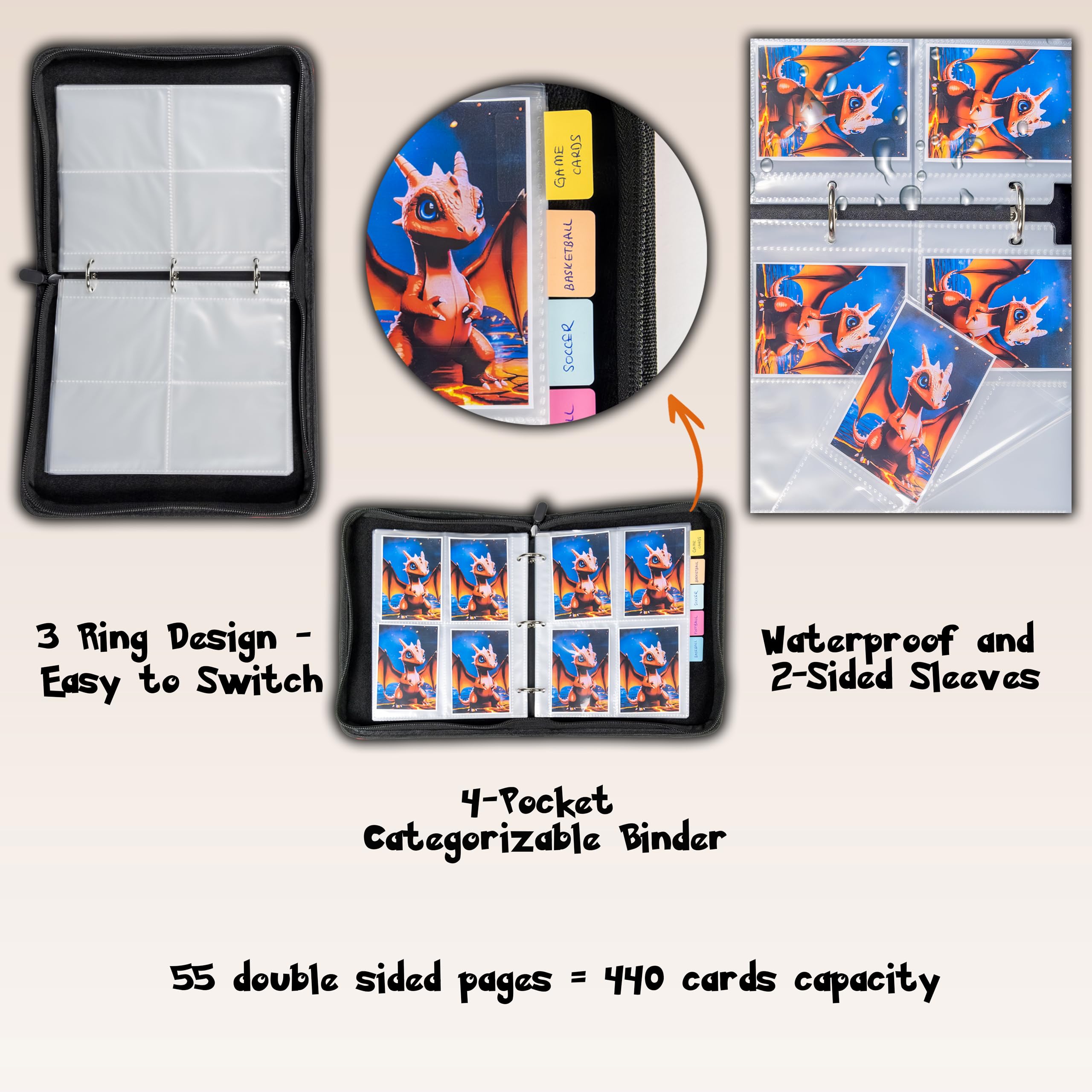 Football Card Binder With Zipper - 440 Pocket Trading Card Holder (55 Pages)