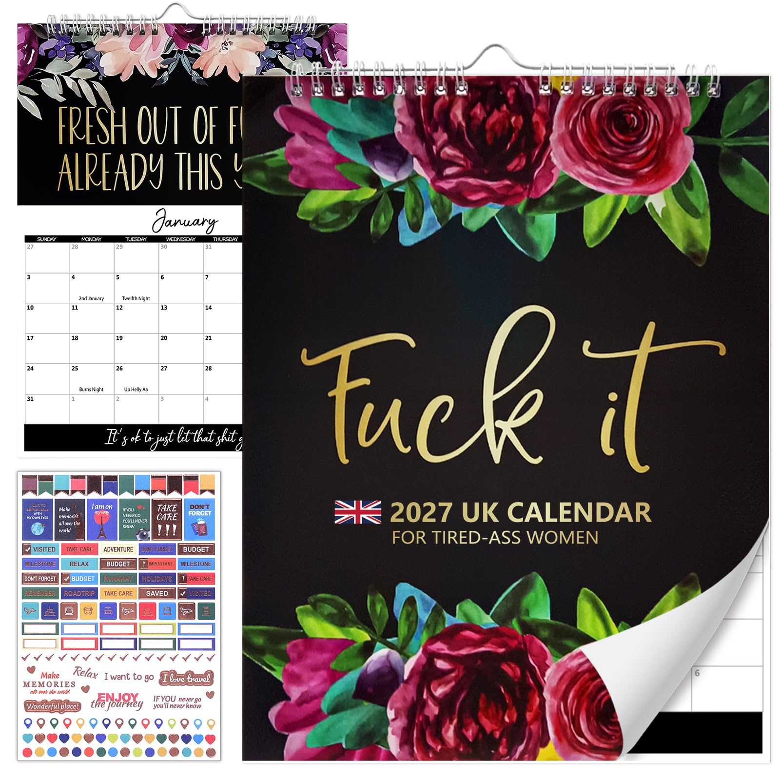 Calendar 2027 UK for Tired-Ass Women 2027 Fu_ck it Wall Calendars UK Monthly Calendars Gag Gift for Women Sweary Calendar Thick Pape for Family Home Office(Includes one sticker)