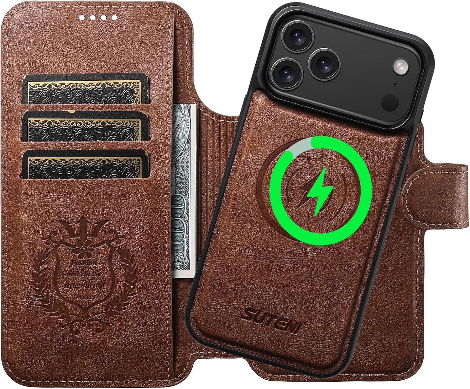 Leather Magnetic Wallet Case for iPhone 17 Pro Max 2in1 Detachable Cover Compatible with MagSafe & Wireless Charging, 3 Card Slots/Holder, Kickstand, 360° Military Shockproof Protection Brown