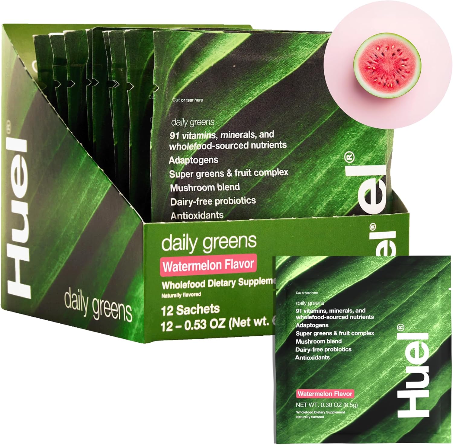 Huel Daily Greens Single Serve Watermelon| Superfood Greens Powder | 91 Vitamins, Minerals, and Wholefood-Sourced Ingredients | Adaptogens, Antioxidants, Gut-Friendly Probiotics | 12 Pack
