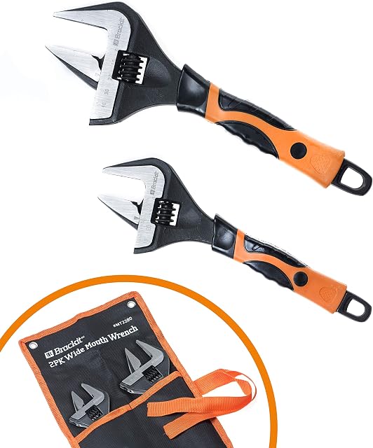 Brackit Set of 2 Wide Jaw Adjustable Wrench  8 and 10 inch Heavy Duty Forged Steel Spanner with Soft Grip Handle and Hanging Storage Sleeve