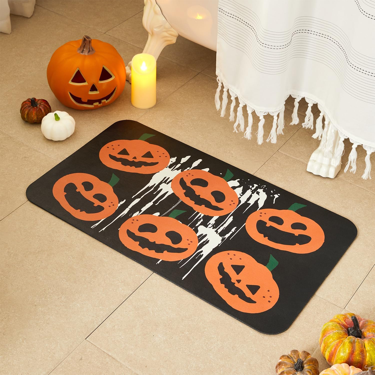 Halloween Bath Mat, Thin Halloween Bathroom Rug Non-Slip Quick Dry Pumpkin Bath Mat Fits Under Door Thin Floor Mat Halloween Decor, 17’’x30‘’, Pumpkins Black Pumpkins Black 17"x30"
