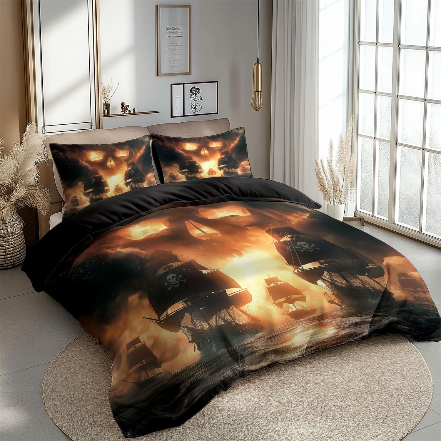 Poszwa na kołdrę 230 cm x 220 cm Fantasy Czaszka Łodzi Ciemnobrązowa, Przytulna poszewka na kołdrę z nadrukiem z zamkiem błyskawicznym, 3-częściowy zestaw pościeli dla dzieci dorosłych